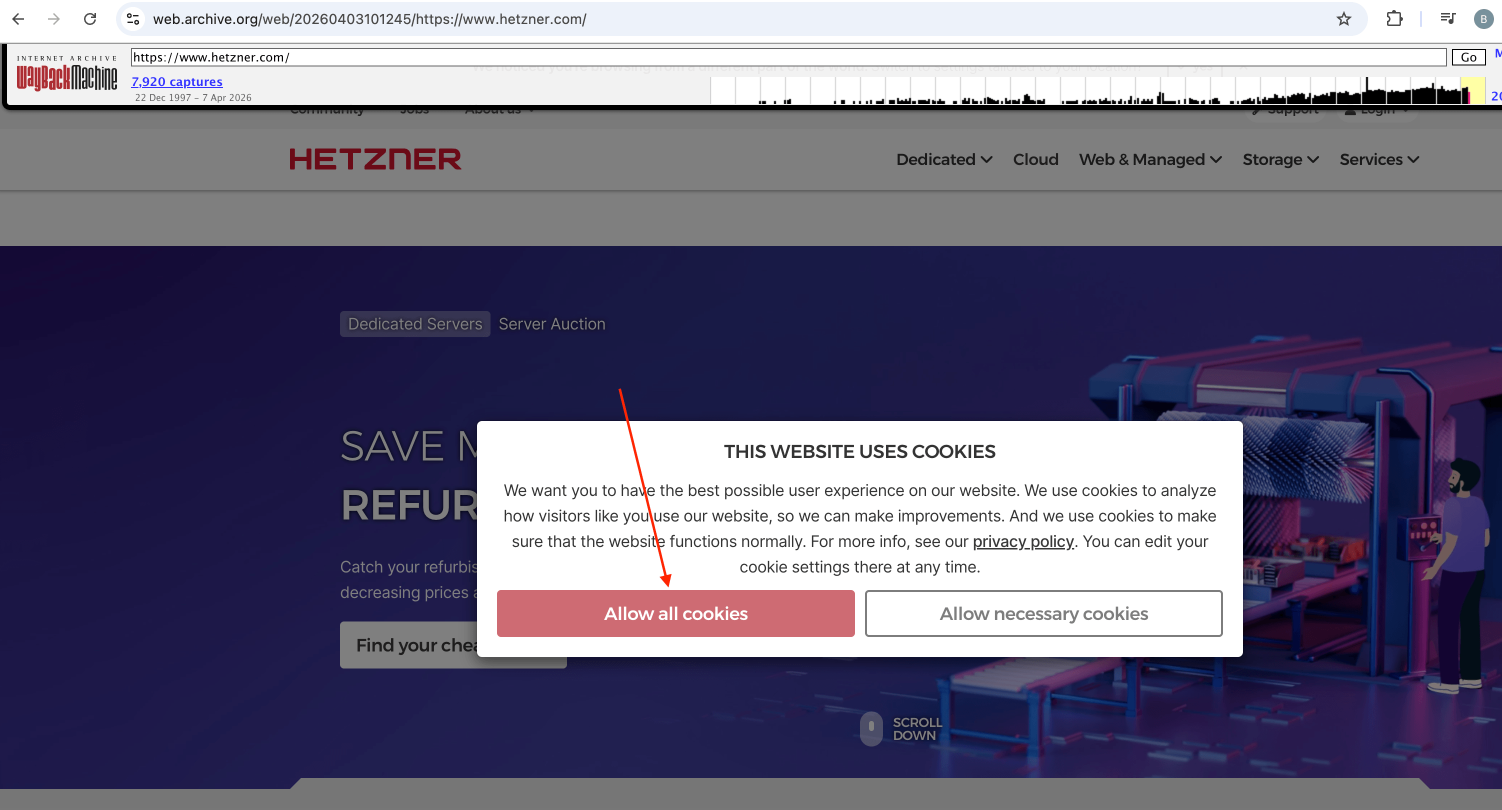 hetzner.com in the Wayback Machine with a cookie consent banner covering the page content