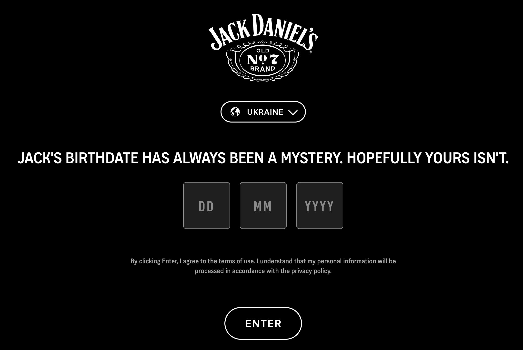 Age verification form on jackdaniels.com — three fields DD, MM, YYYY and an ENTER button blocking access to content
