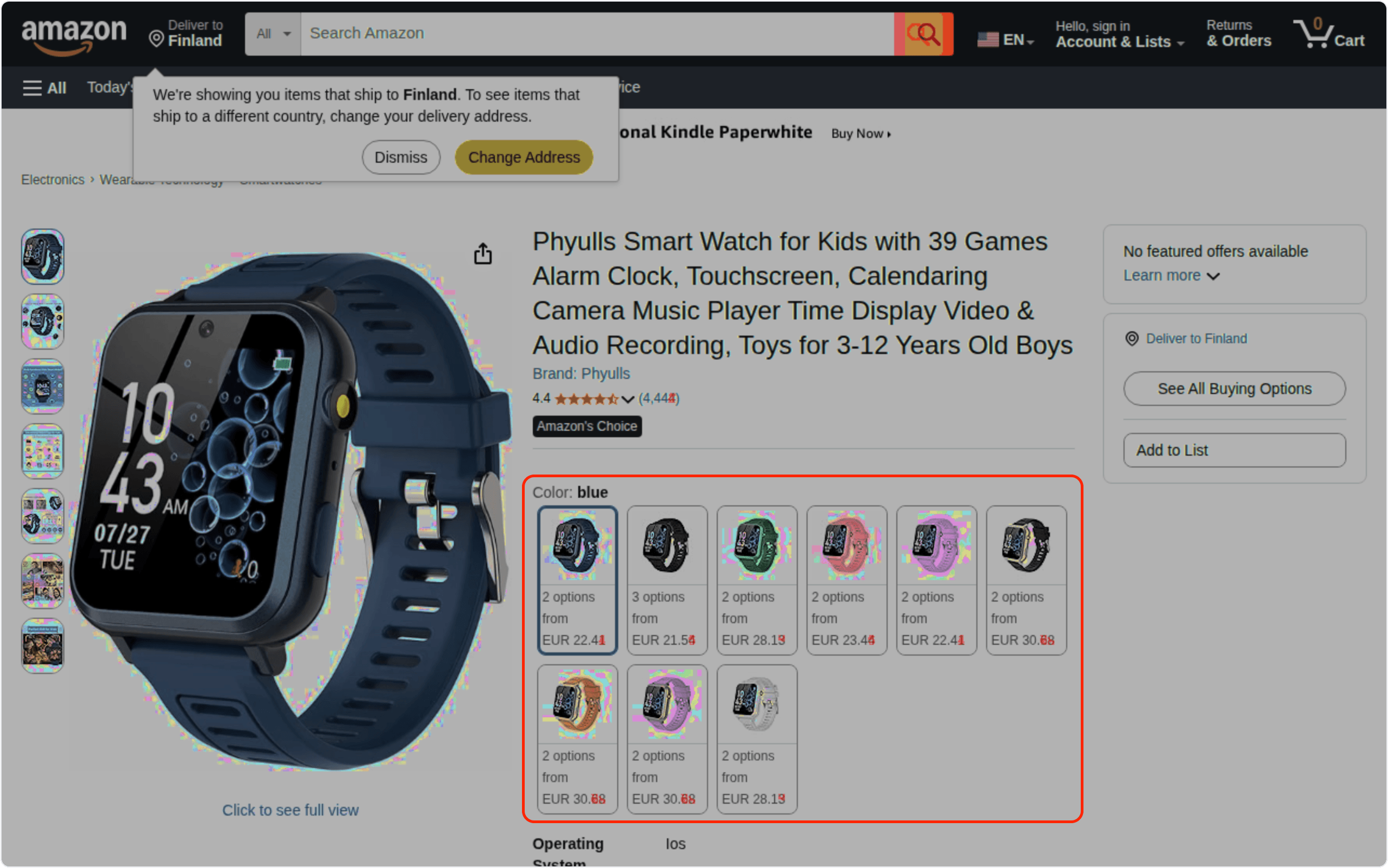 Visual diff of Phyulls smartwatch product card showing price changes across nine color variants