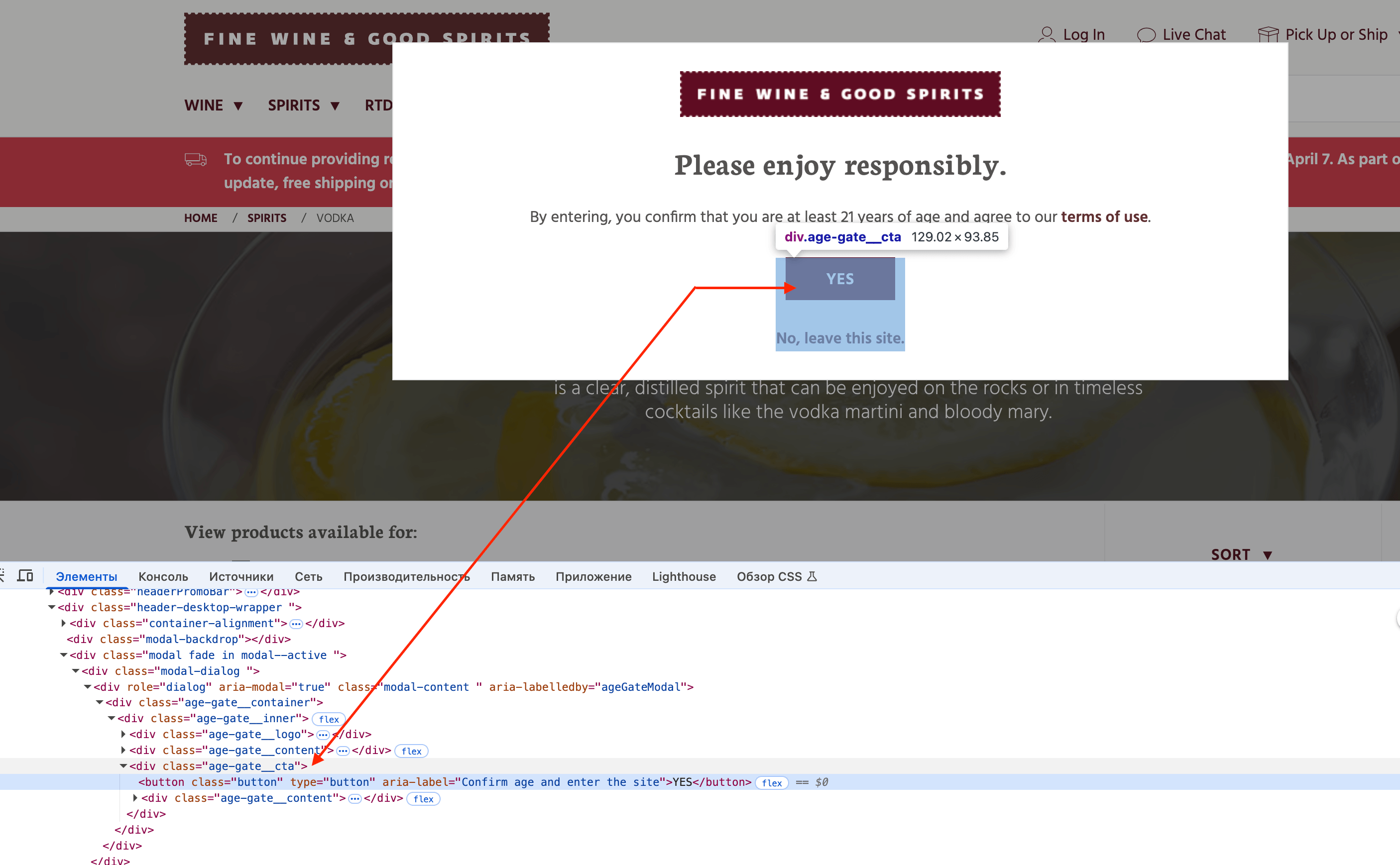 Inspector on finewineandgoodspirits.com: age gate button selector
