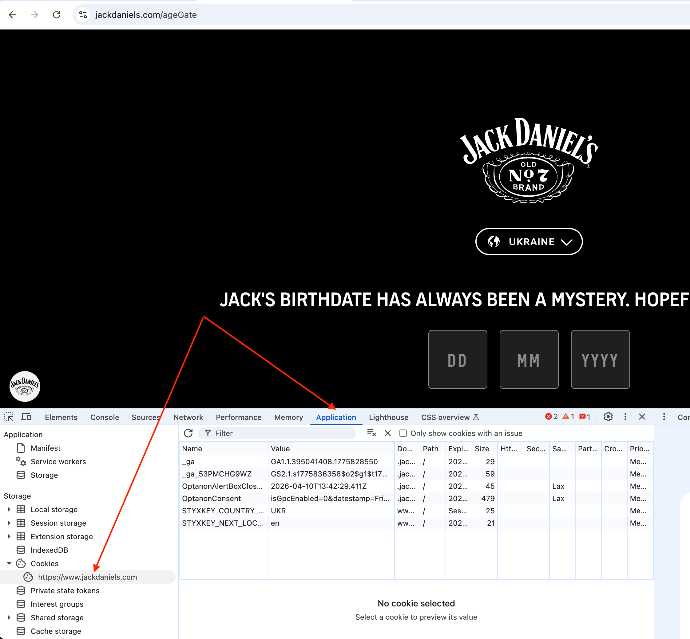 jackdaniels.com before configuration — age gate with DD/MM/YYYY fields blocks content, DevTools show cookies without STYXKEY_AGE_VERIFIED