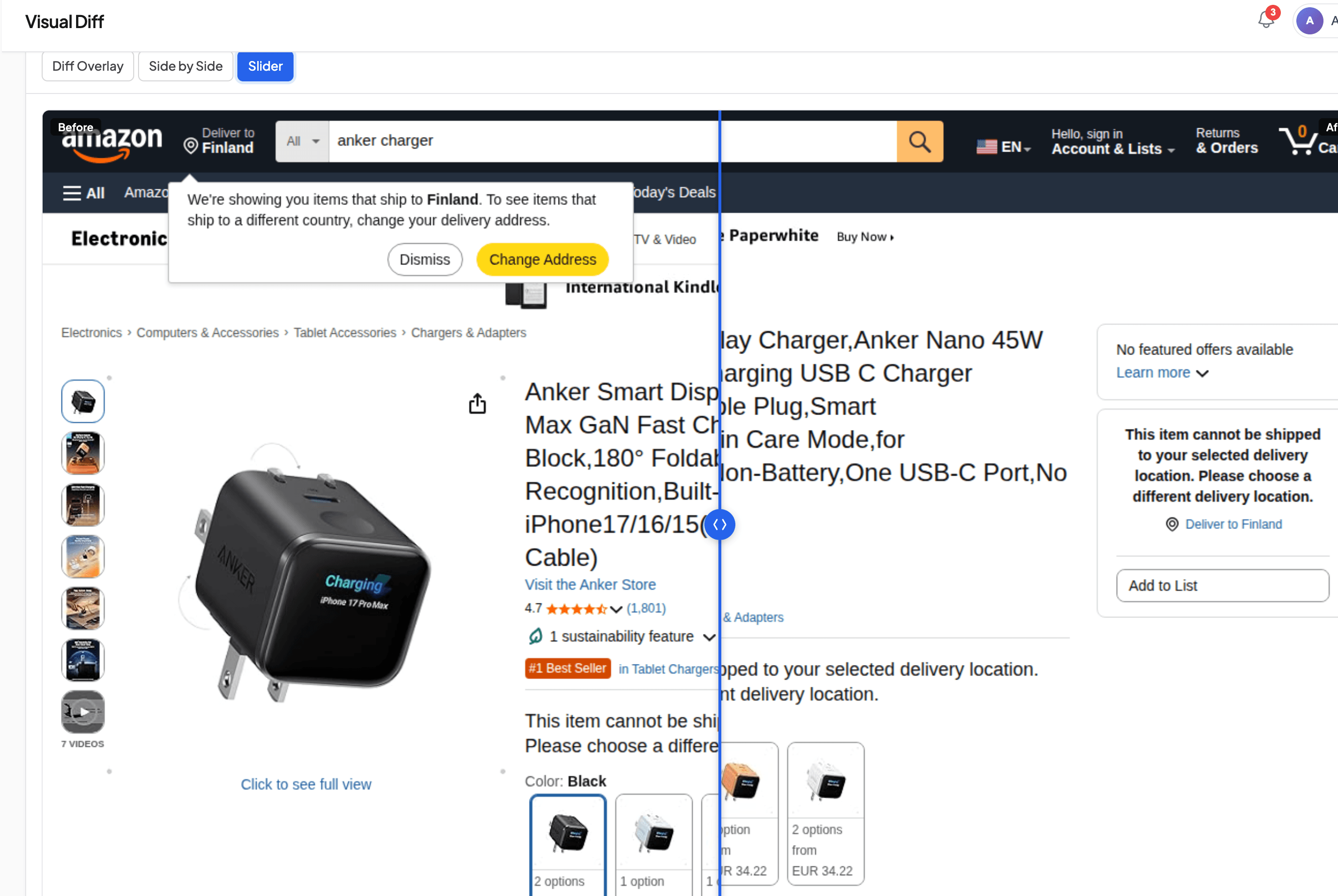 Slider mode comparing two Amazon screenshots, content is identical but shifted down due to a promo banner