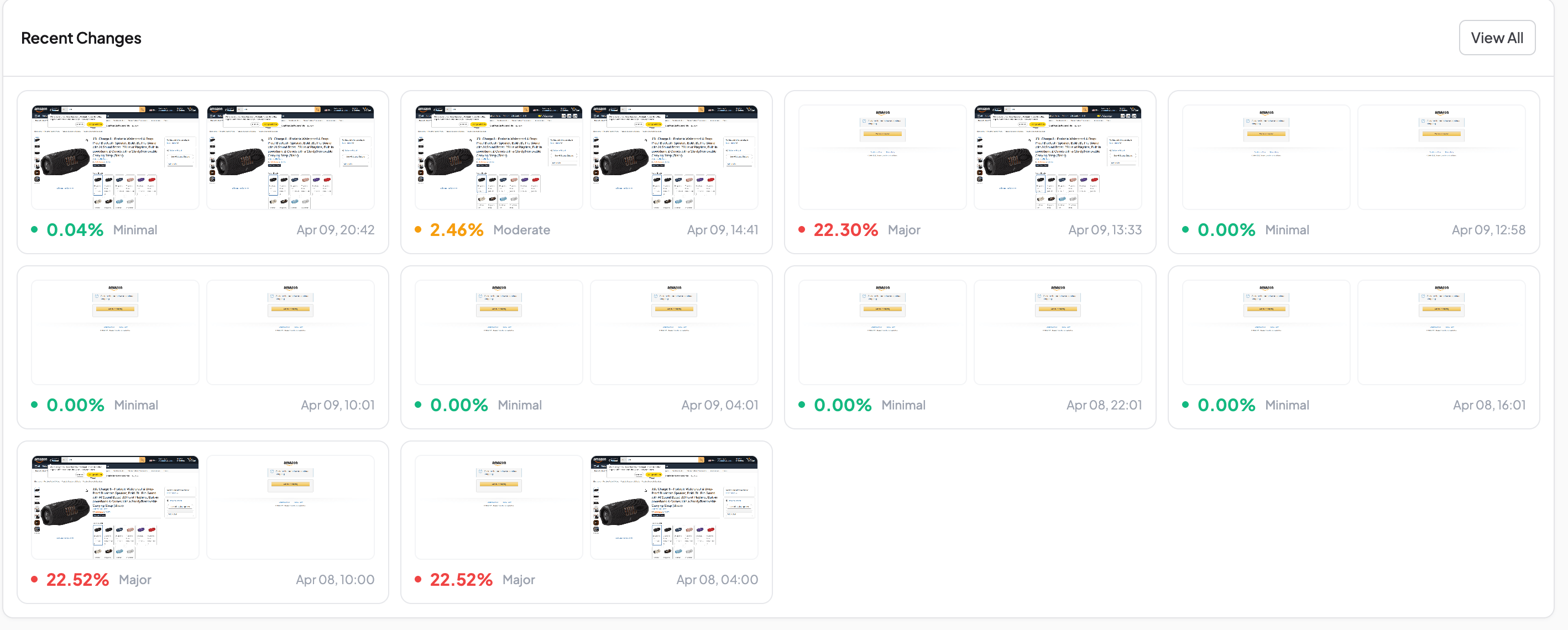 Recent Changes view showing a pattern of 0.00% and 22% diffs alternating, false positives caused by layout shifts