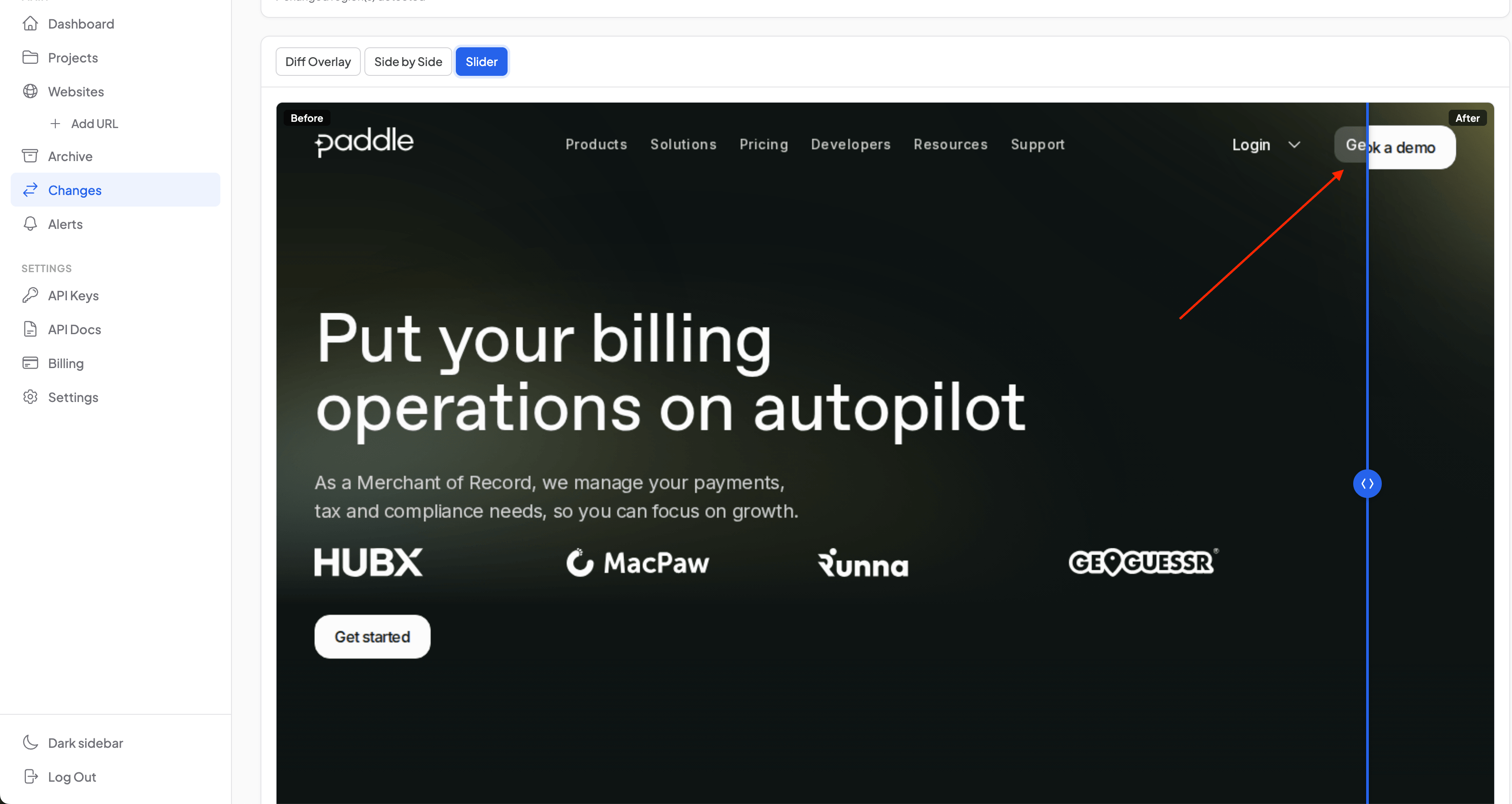 video-slider-changed &mdash; Slider mode on paddle.com showing before and after states, the slider reveals the new "Book a demo" button appearing in the header navigation