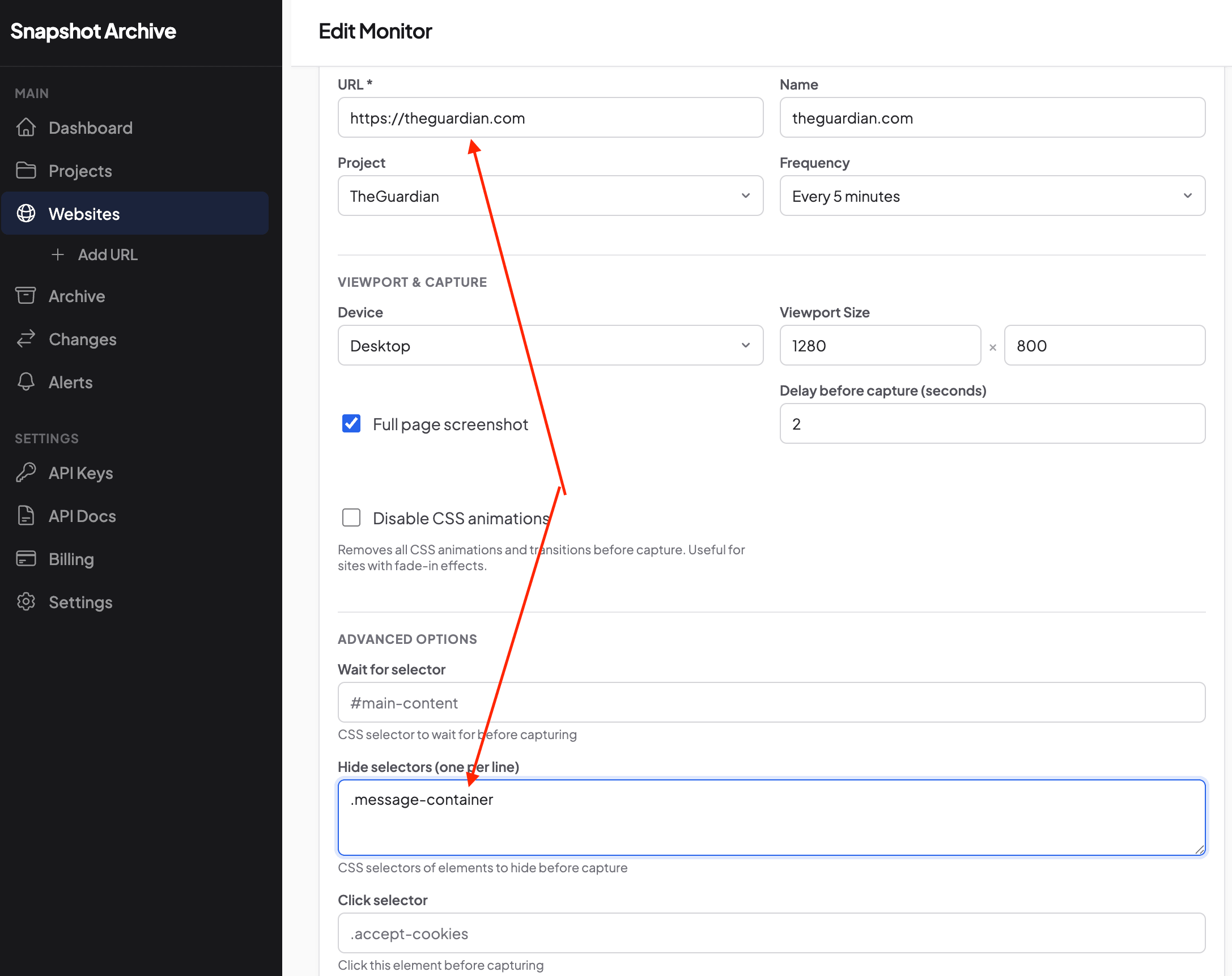 Monitor settings with .message-container entered in the Hide selectors field