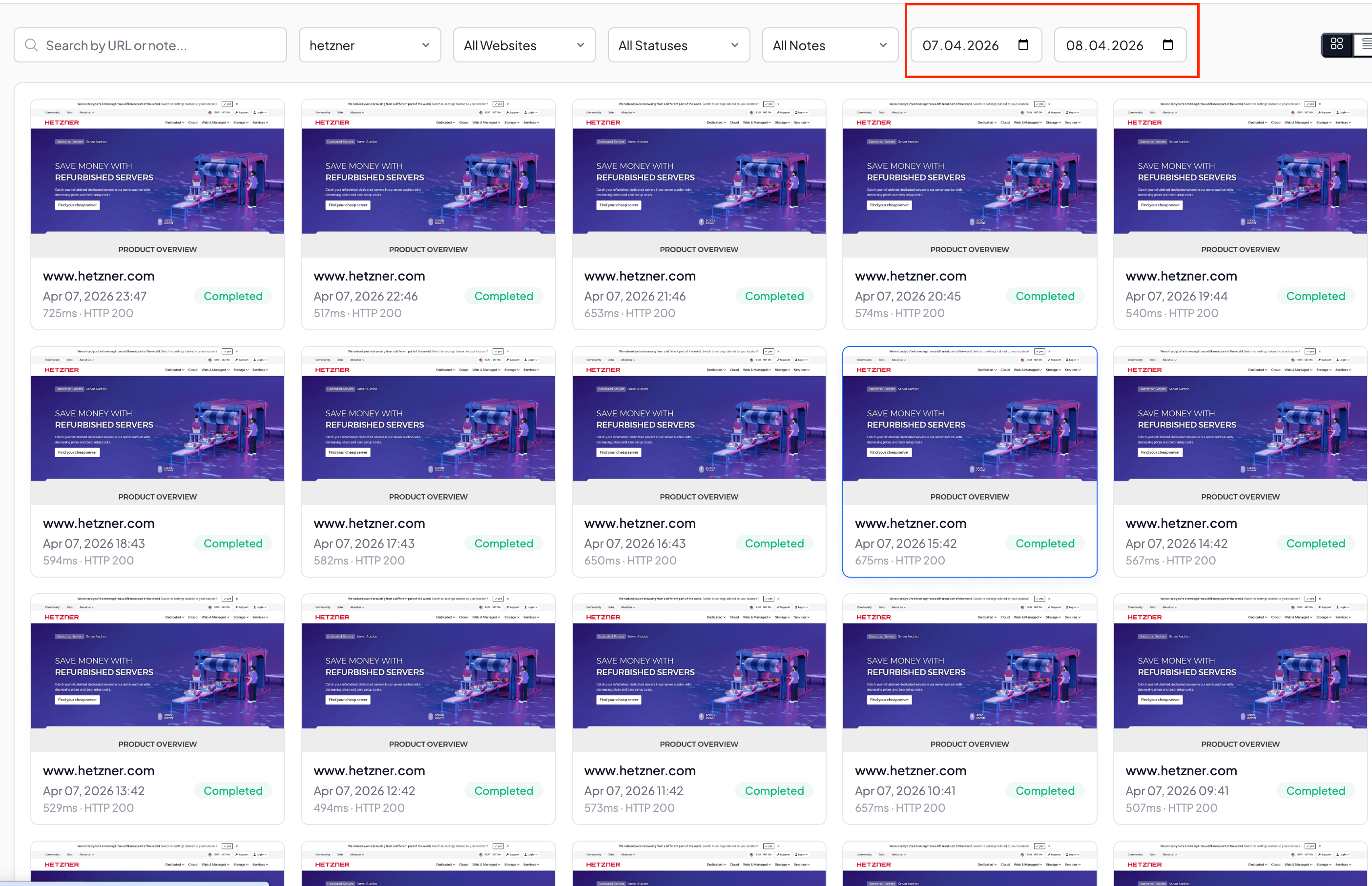 Snapshot Archive showing hourly screenshots of hetzner.com filtered by date