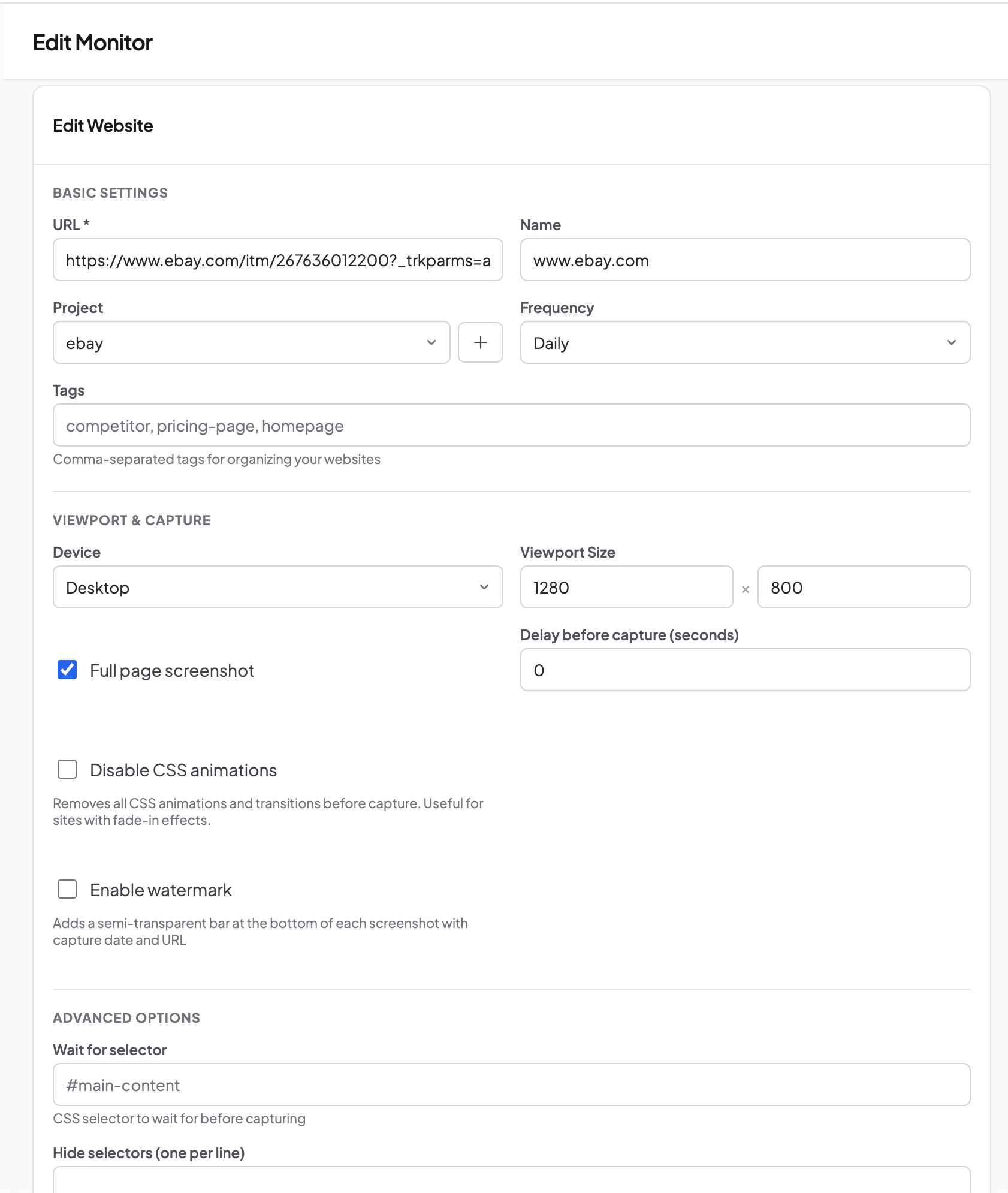  Edit Monitor form in Snapshot Archive showing eBay product URL, project "ebay", Daily frequency, Desktop device with 1280x800 viewport, full page screenshot checkbox enabled