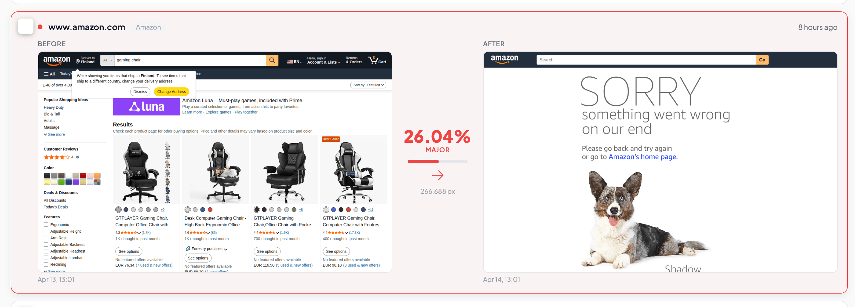 Before/After comparison showing Amazon gaming chairs category page on the left replaced by "SORRY something went wron