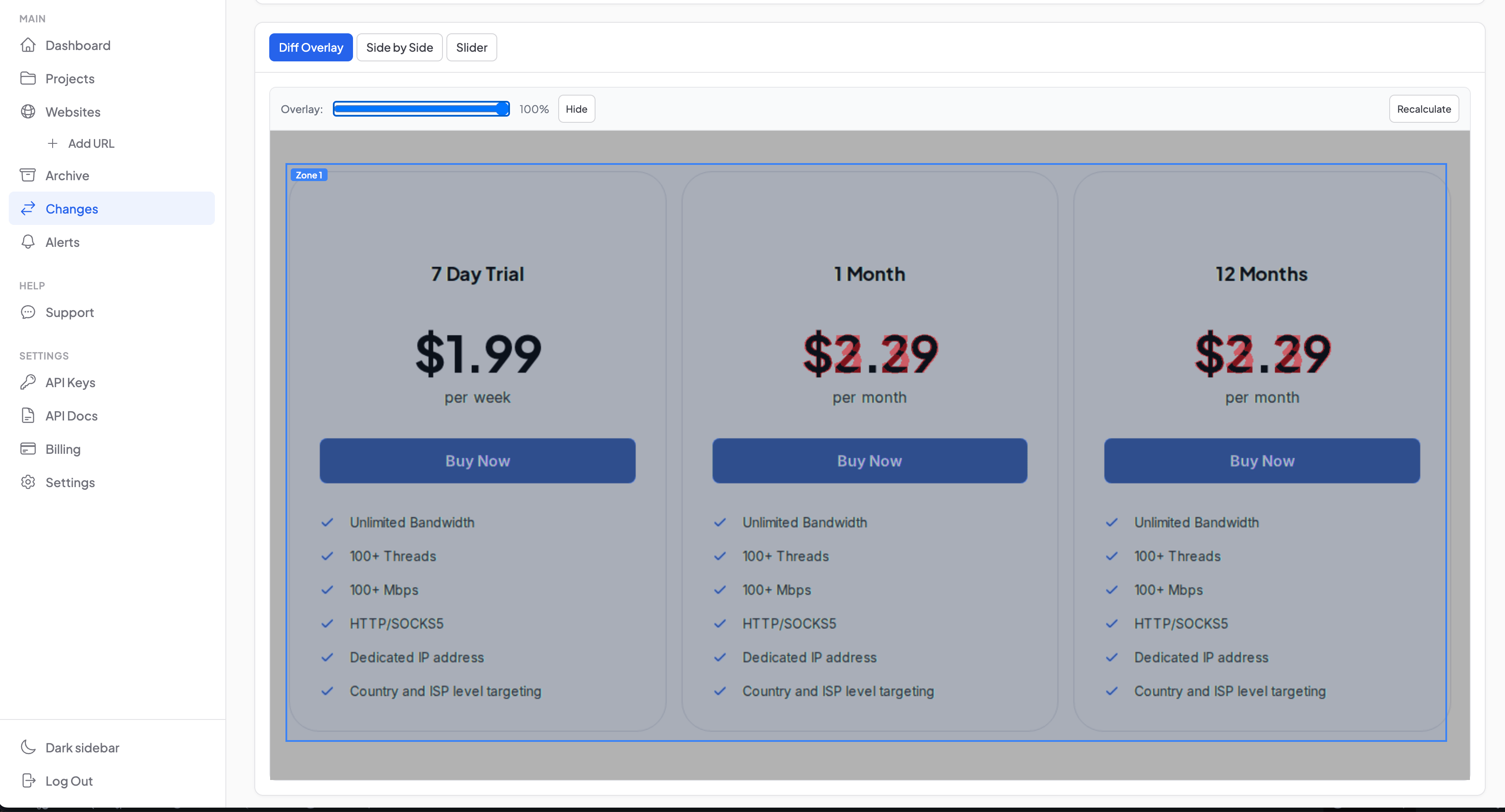 Diff overlay view with monitoring zone highlighting the pricing change on proxy-cheap pricing page