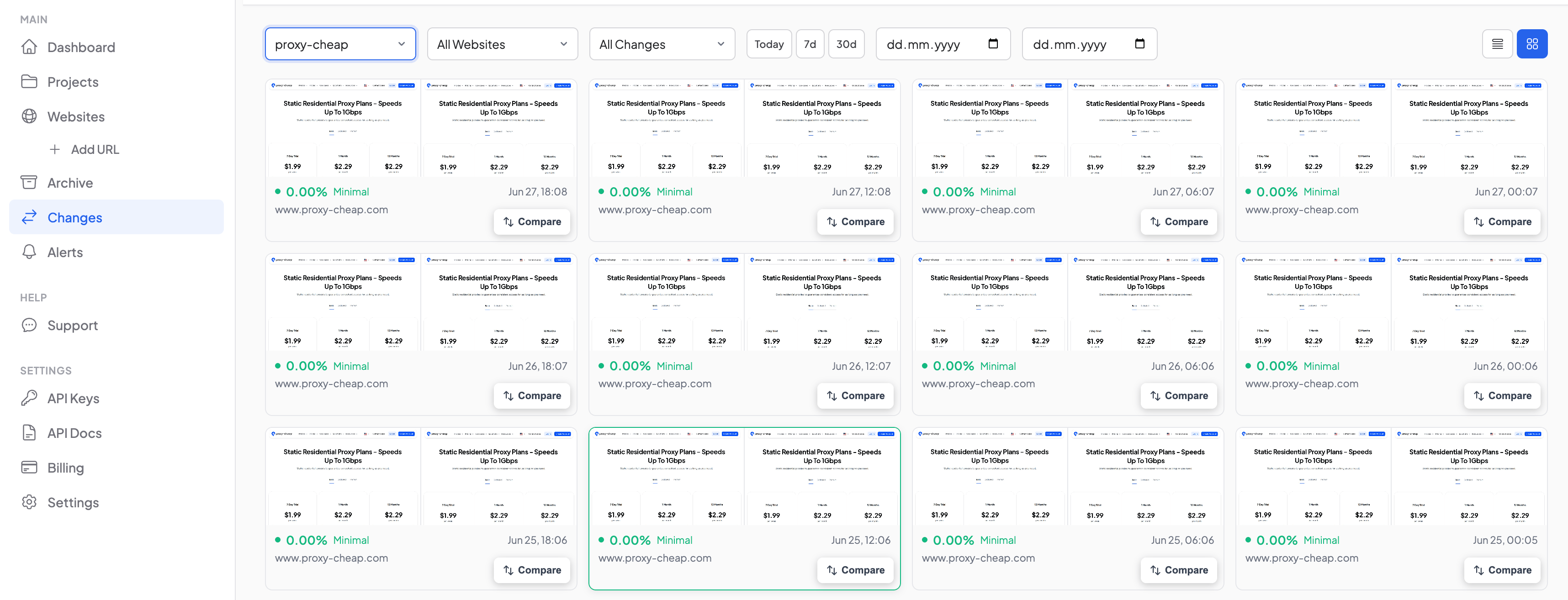 Snapshot Archive changes view showing proxy-cheap pricing page monitored every 6 hours over several days