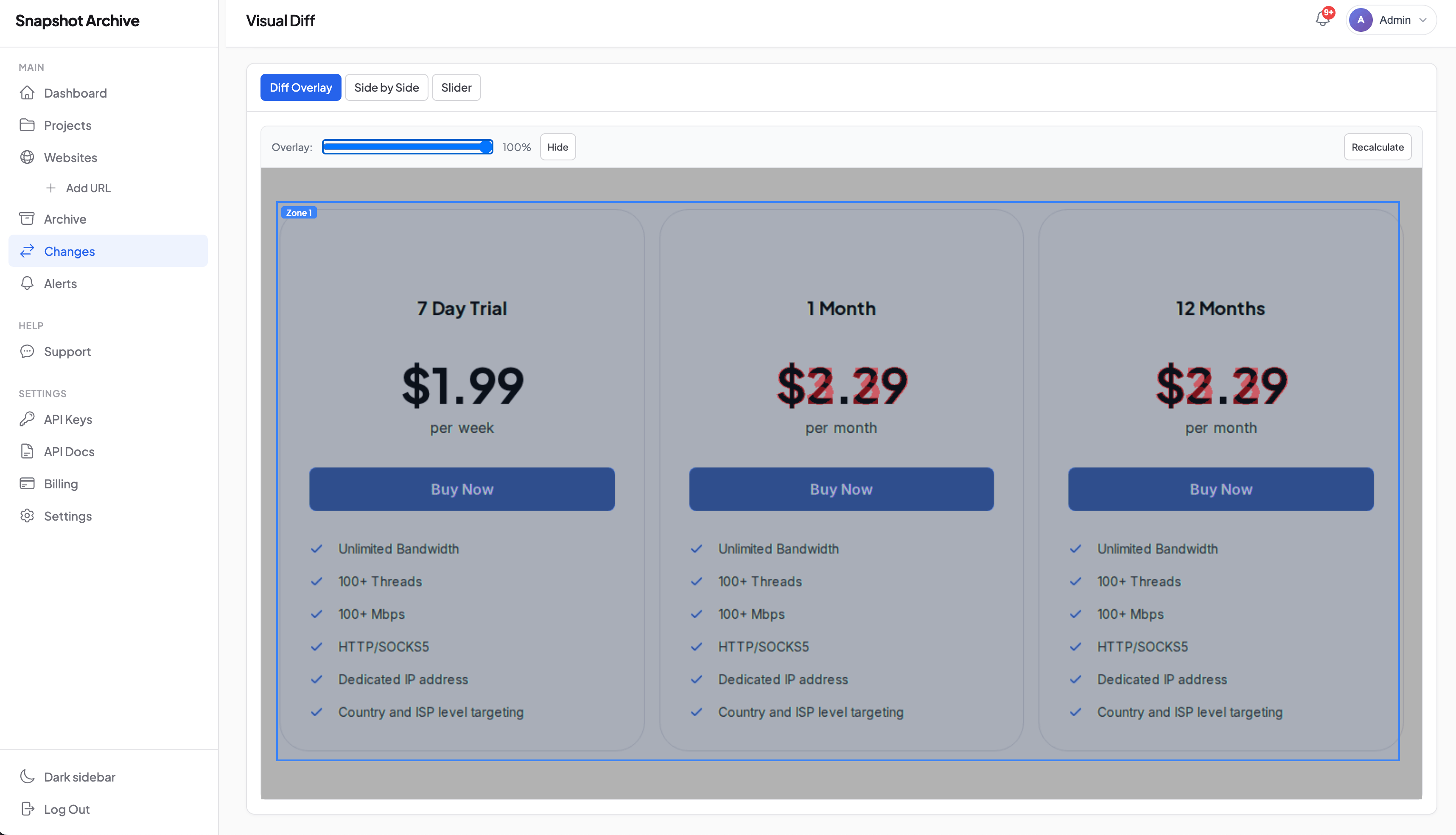 Visual zone editor with a monitoring zone drawn over a competitor product pricing block in Snapshot Archive