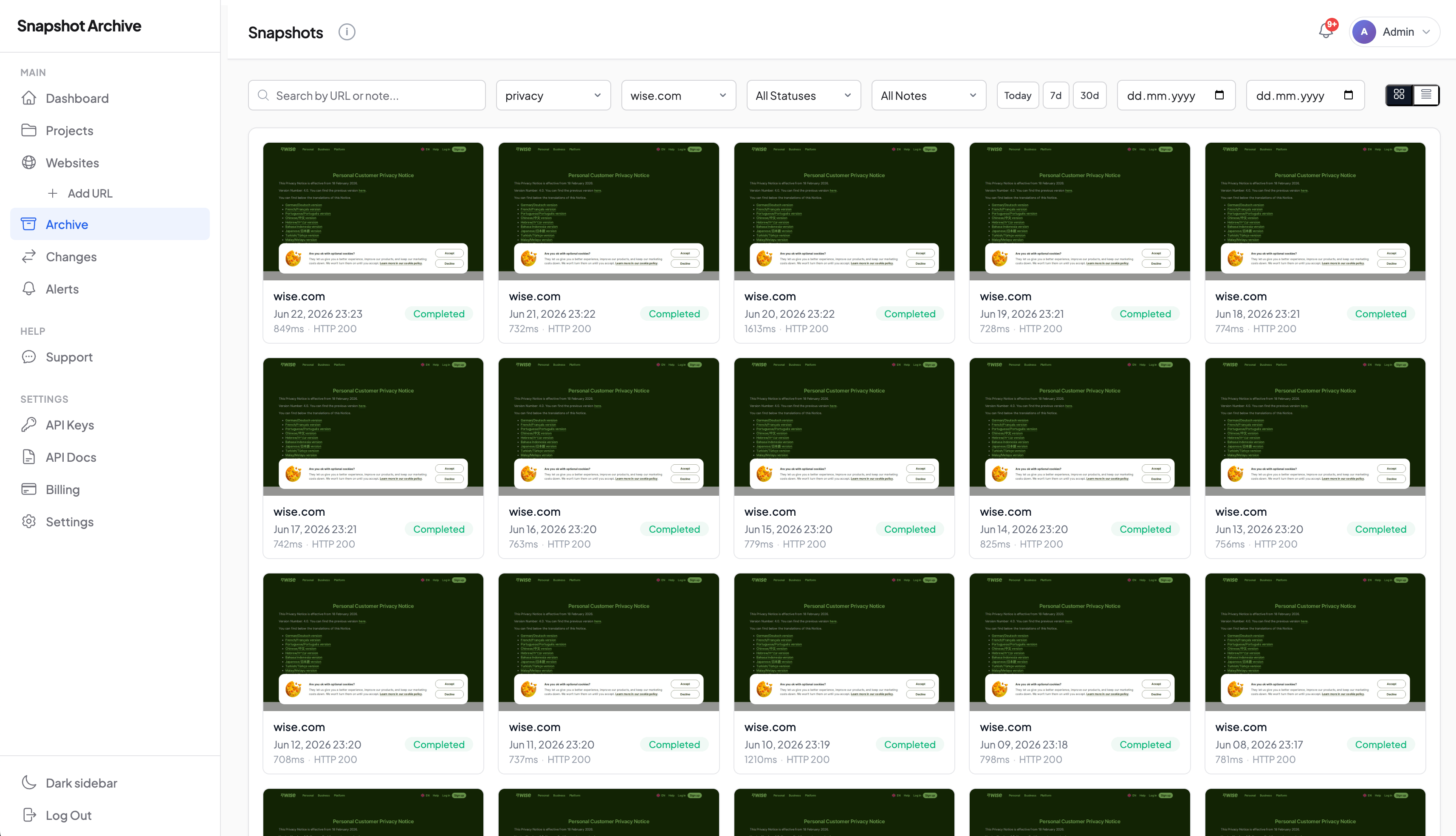 Snapshot Archive archive view showing daily screenshots of a privacy policy page captured over multiple weeks