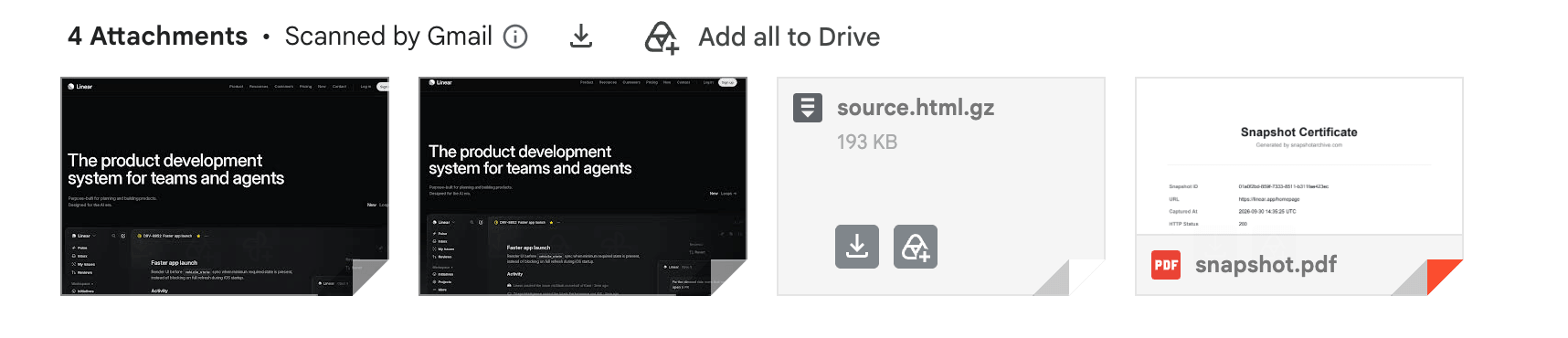 Gmail showing 4 attachments: viewport screenshot, full-page screenshot, source.html.gz, and snapshot.pdf with Snapshot Certificate