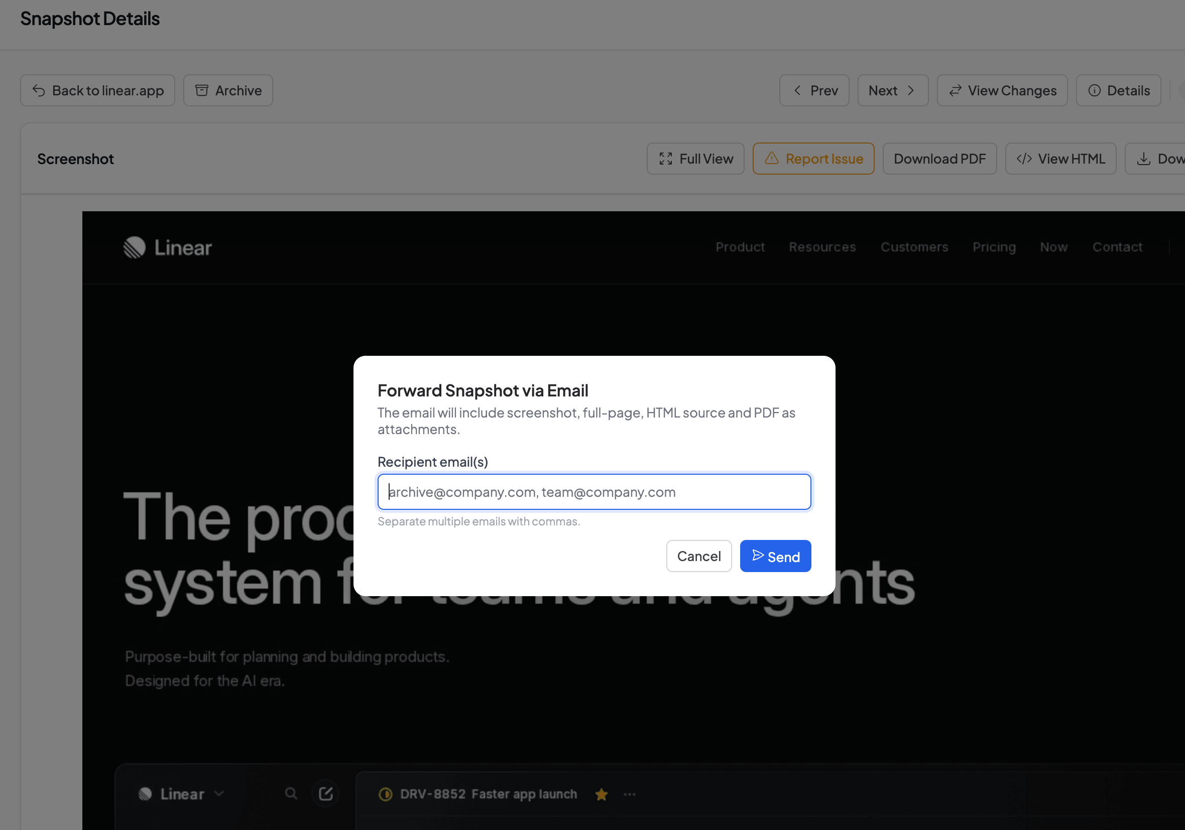 Forward Snapshot via Email popup with recipient email field and Send button