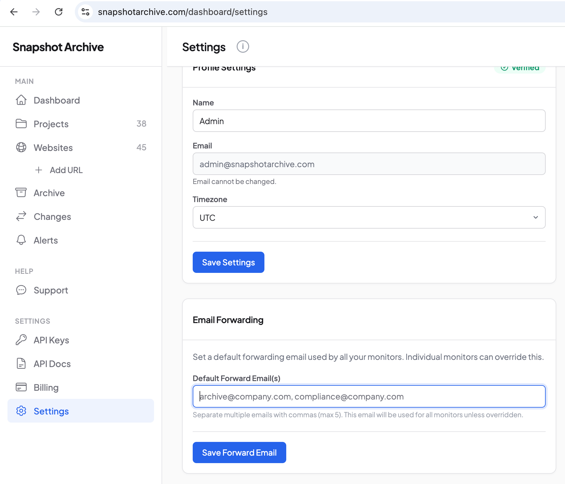 Account settings page showing Email Forwarding section with default forward email addresses for all monitors