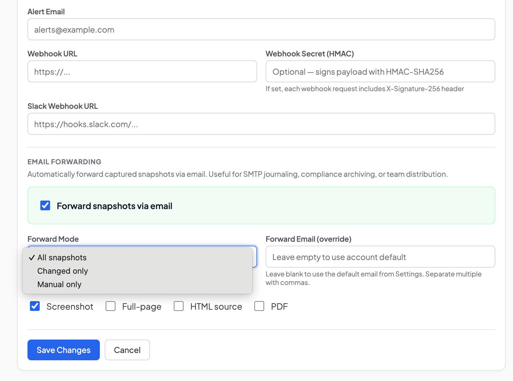Monitor email forwarding settings showing delivery mode selector with All snapshots, Changed only, and Manual only options, plus attachment checkboxes for Screenshot, Full-page, HTML source, and PDF