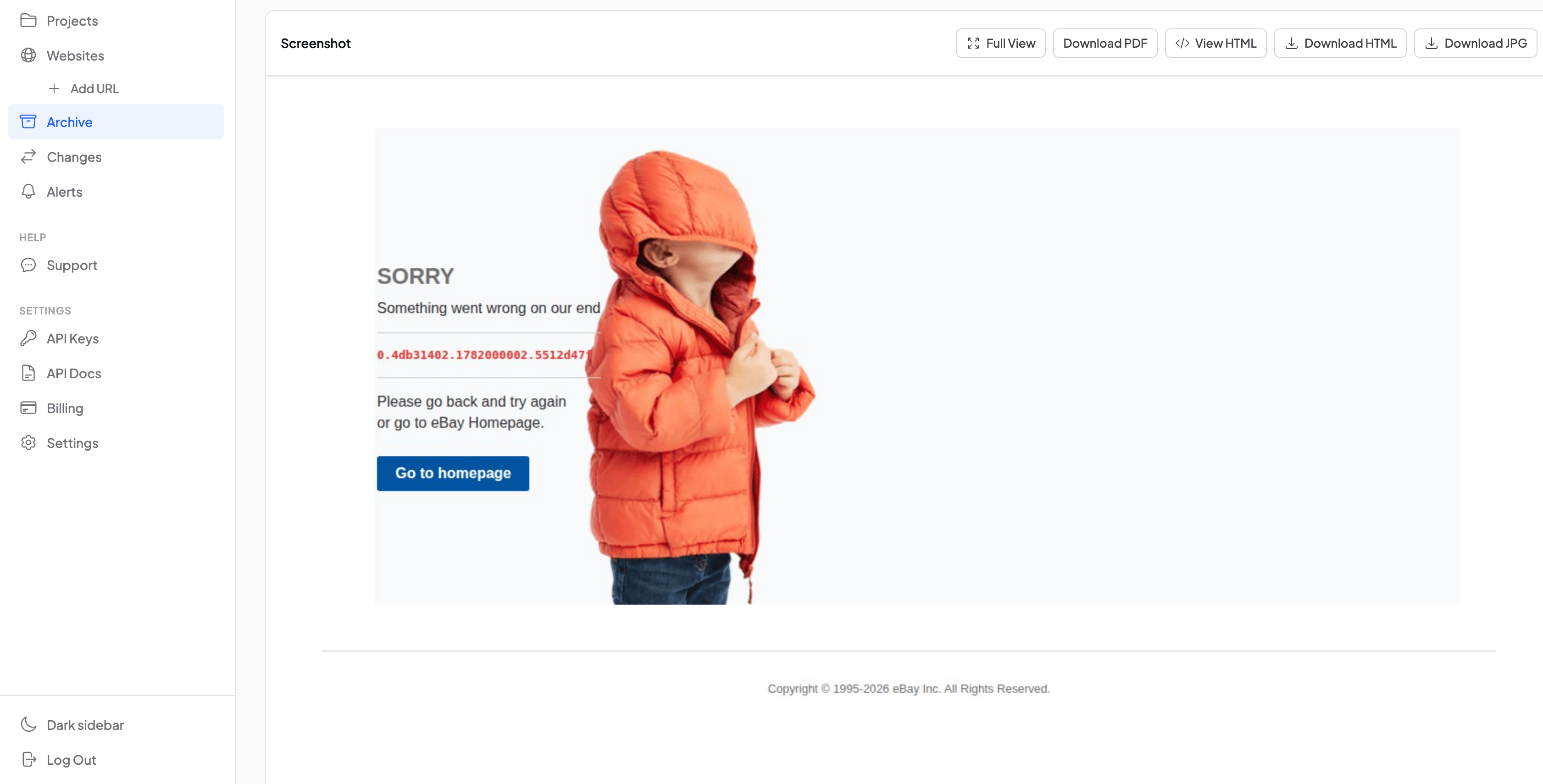 Snapshot Archive capturing an eBay error page after deployment — visual proof of a broken page that returned HTTP 200