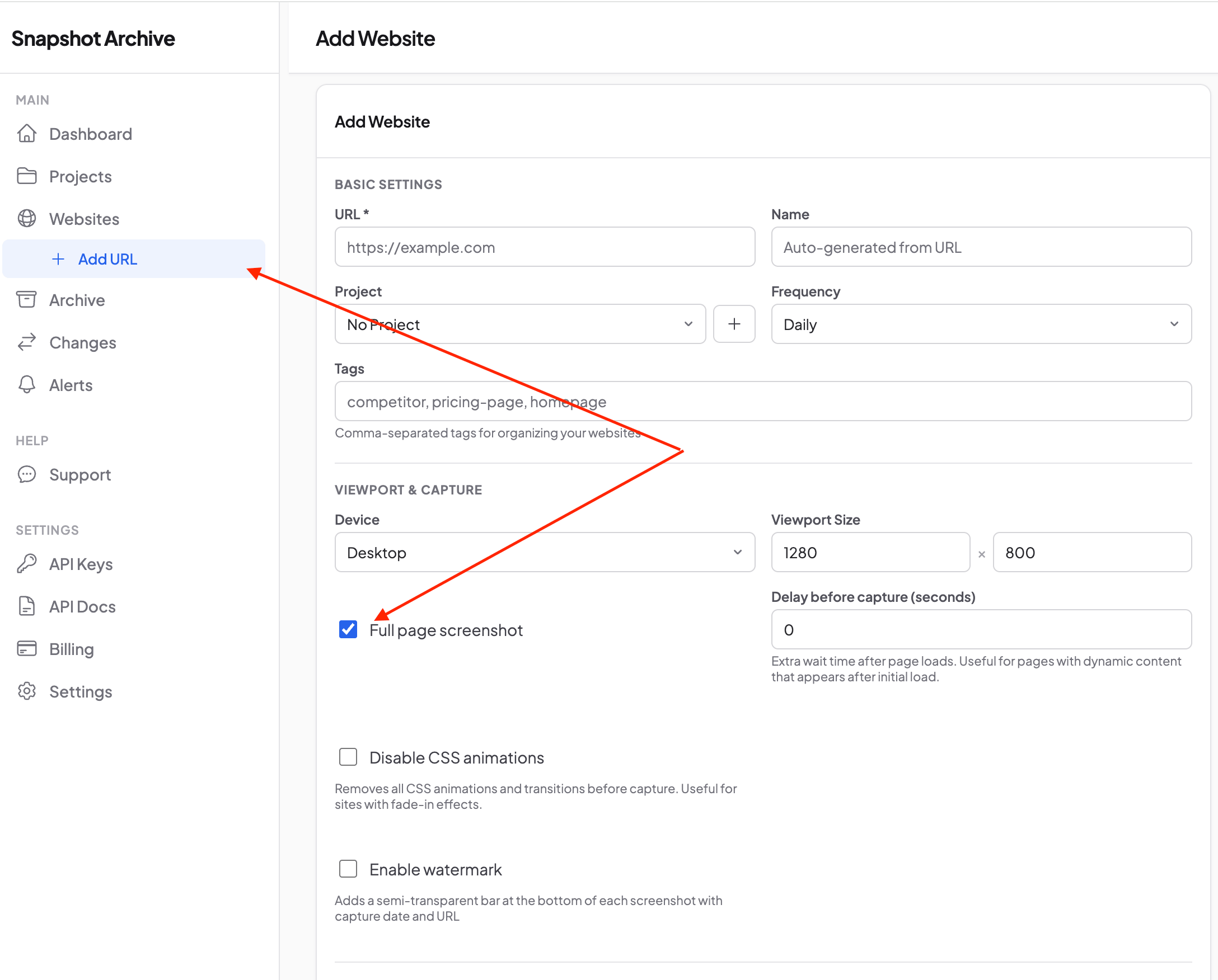 The Add Website form in Snapshot Archive with the Full page screenshot checkbox ticked under Viewport & Capture