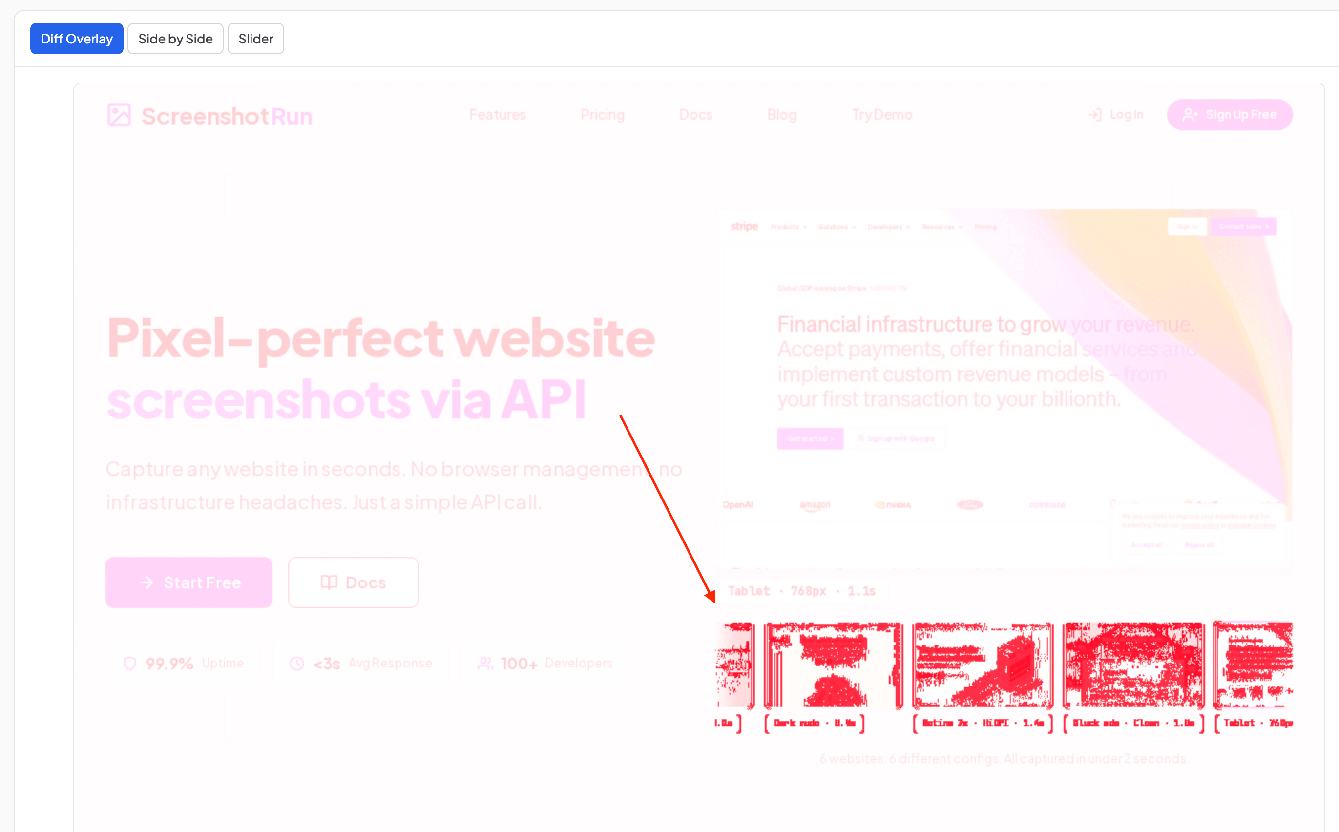 Diff Overlay mode showing homepage redesign changes &mdash; new screenshot preview block highlighted in red