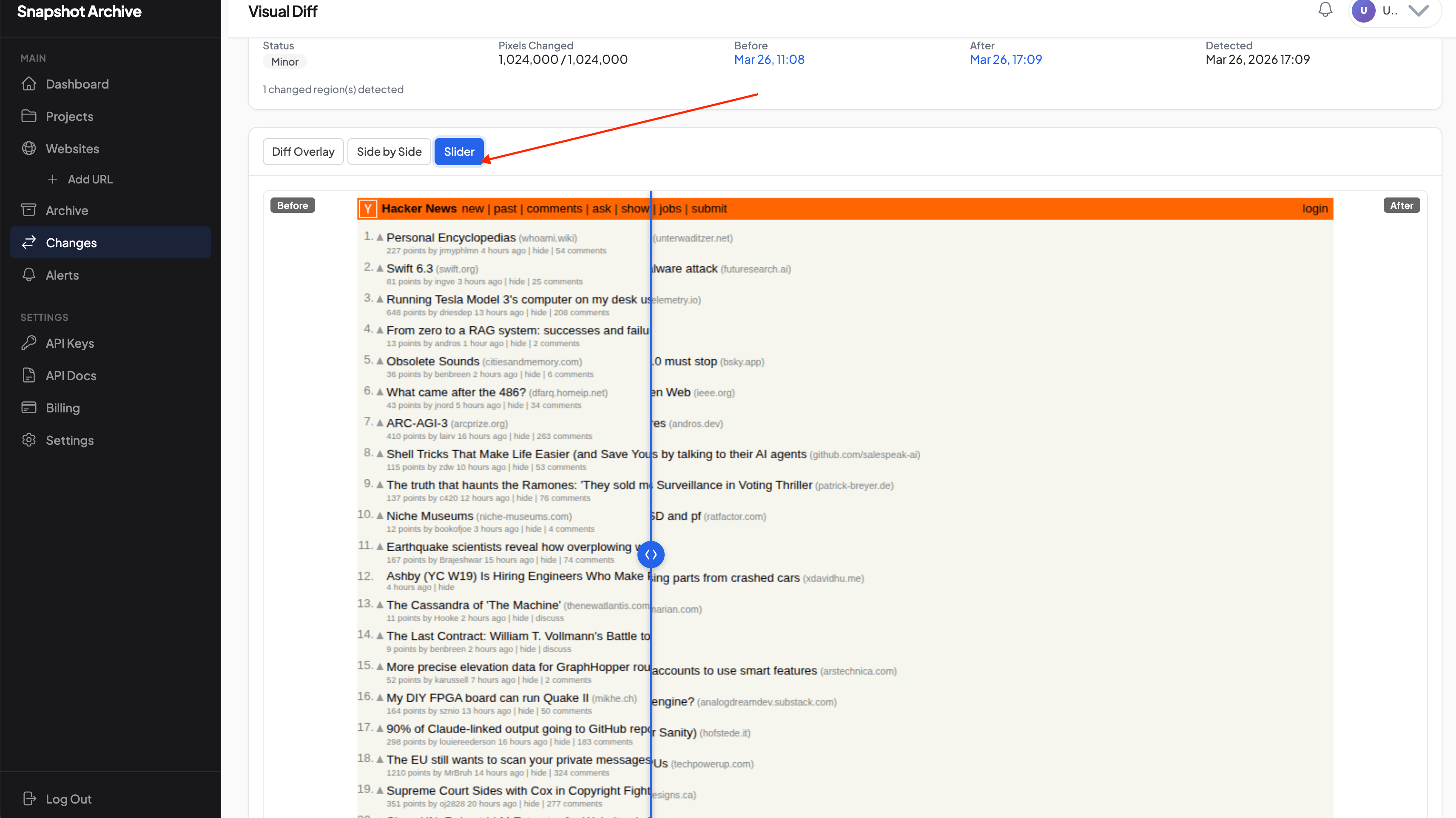 Visual Diff page, Slider mode, draggable handle between Before and Afte