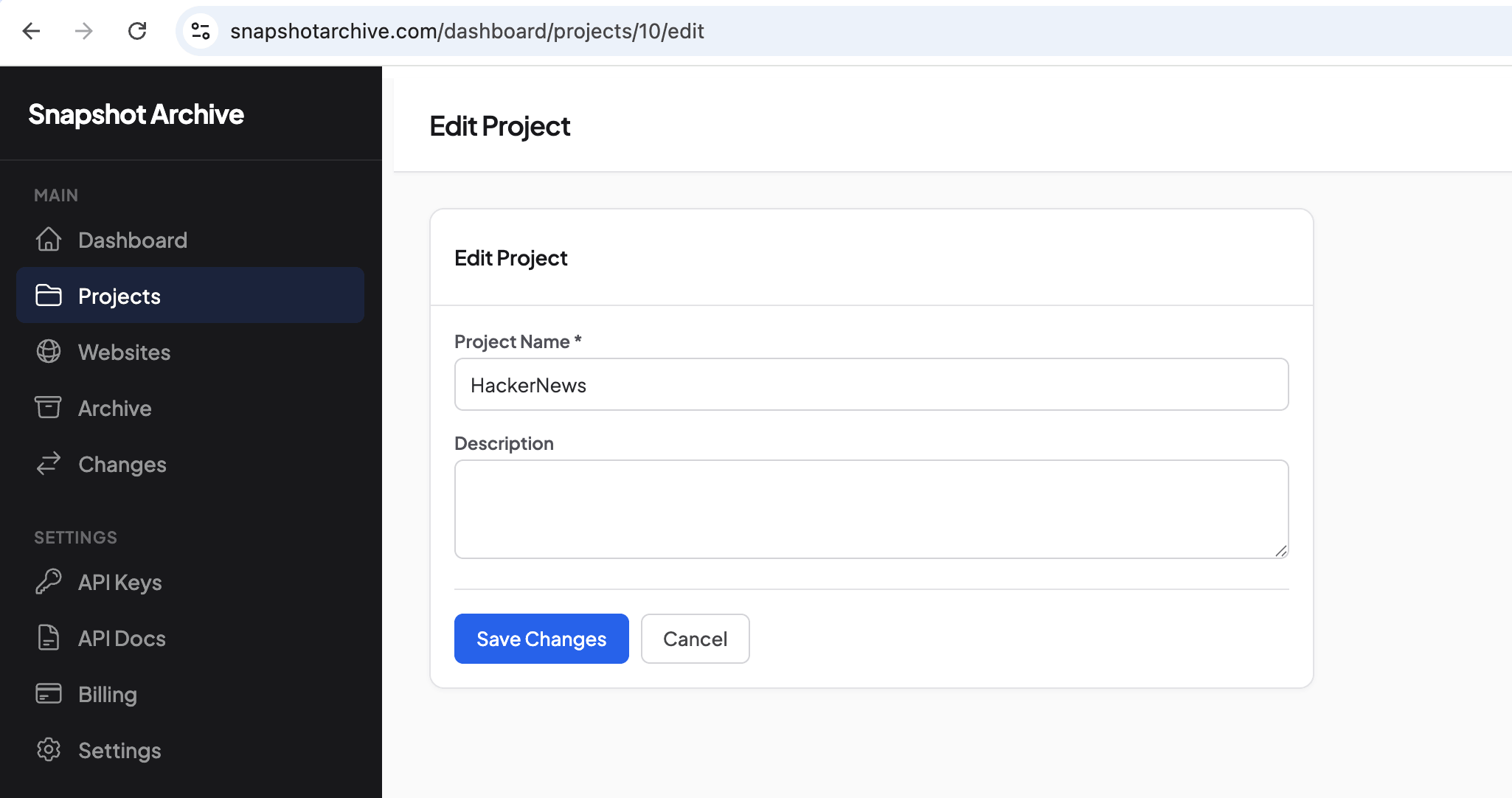 project creation form, name "HackerNews"