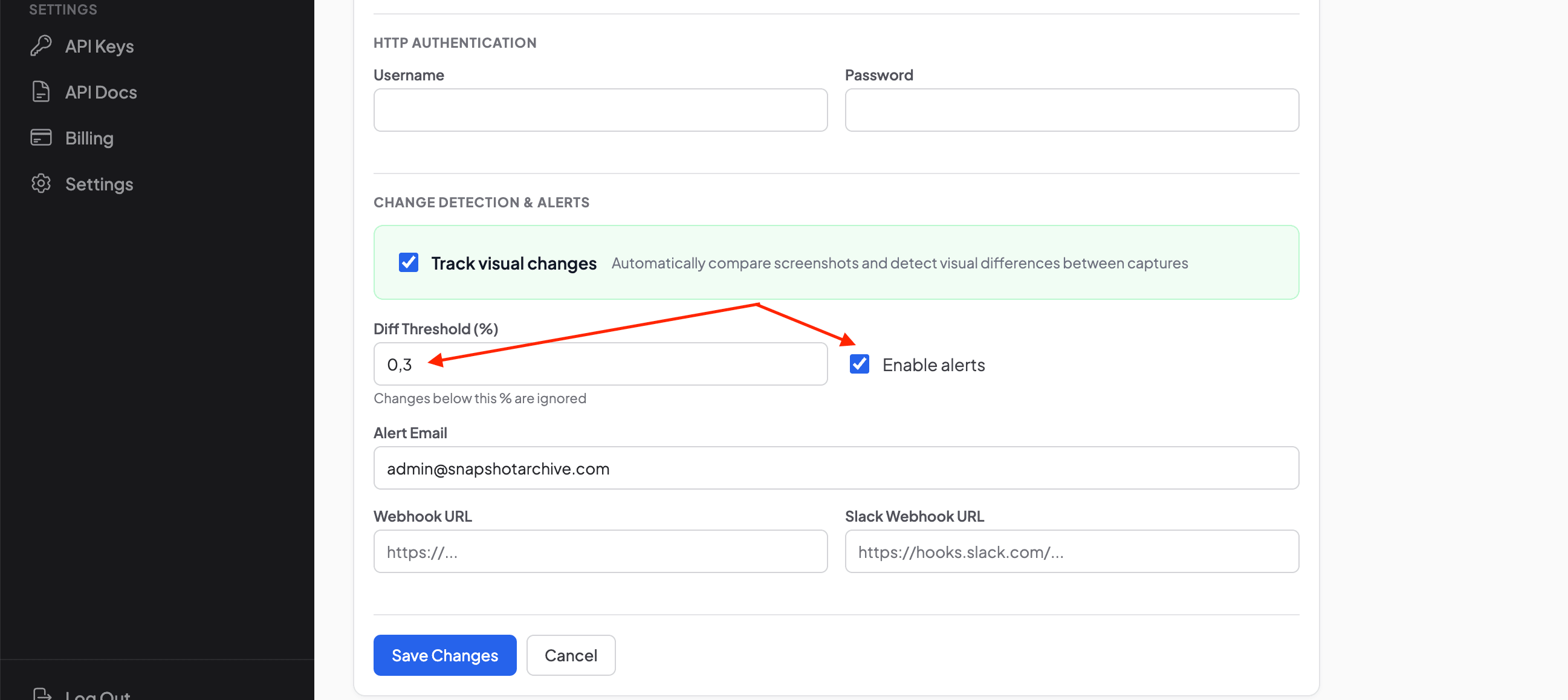 Enabling email alerts when visual changes exceed the configured 0.3% threshold
