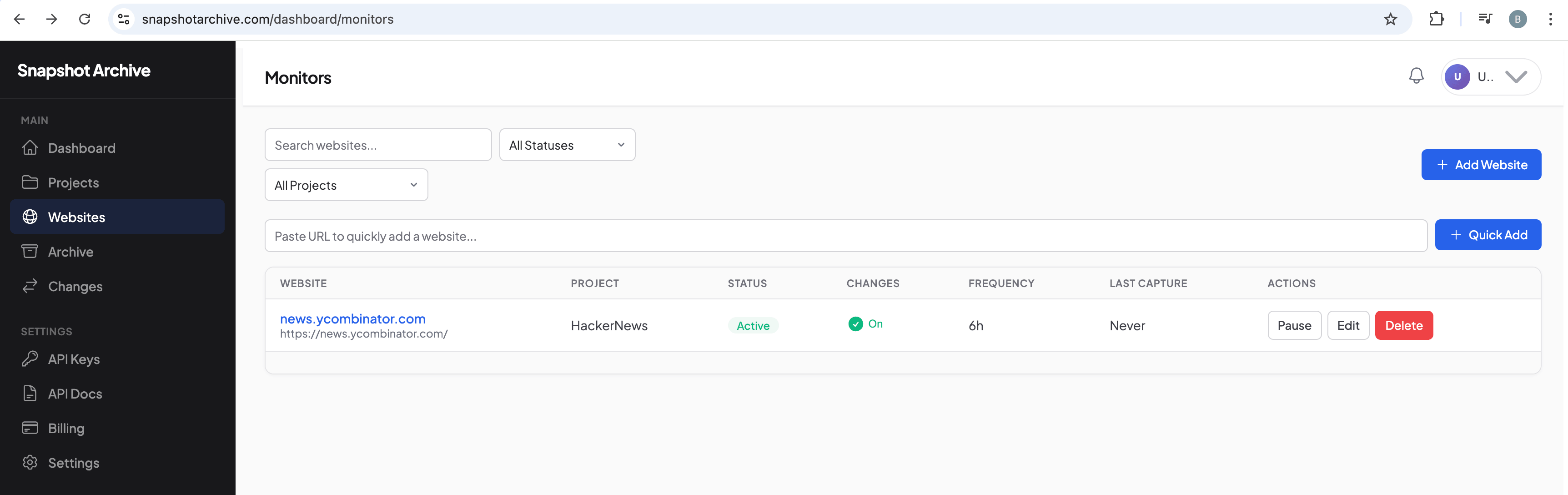 monitors list with news.ycombinator.com, Active status, Changes On