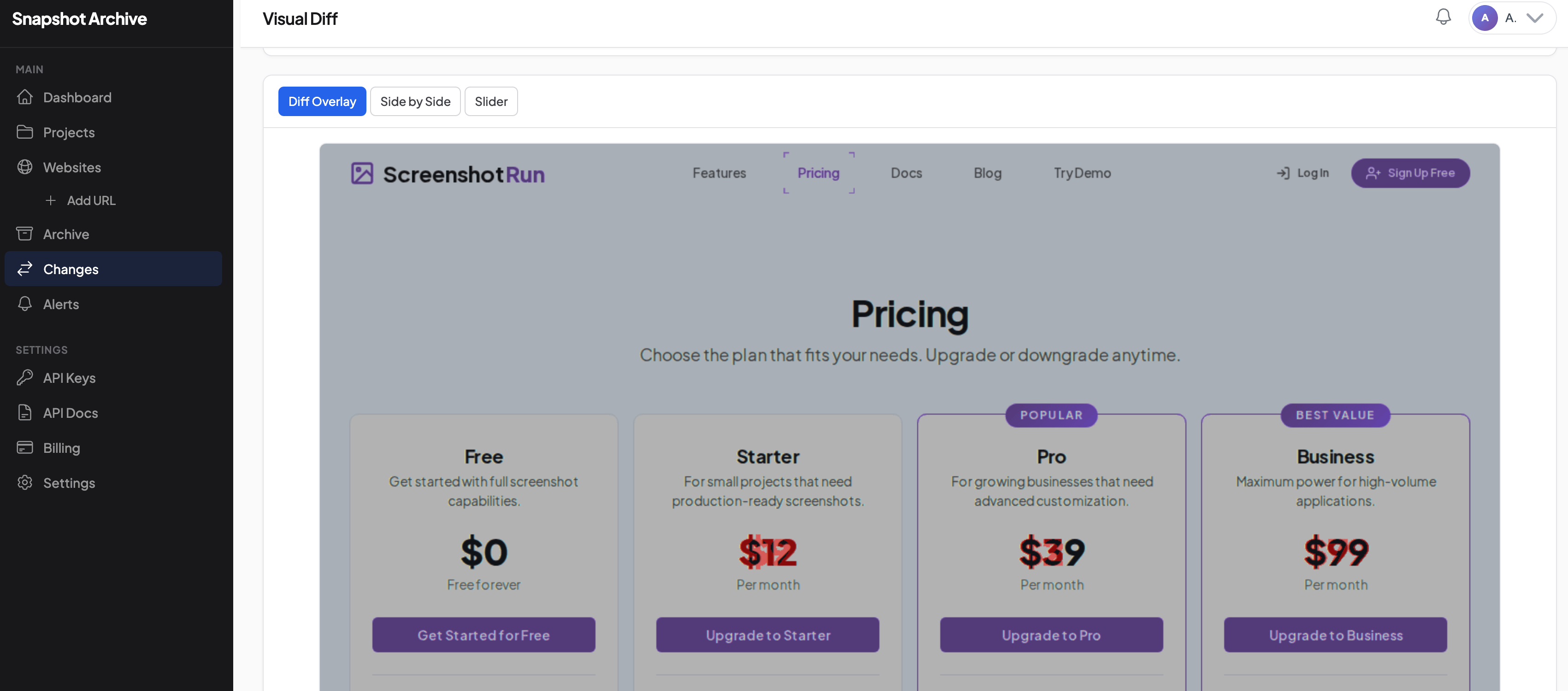 Diff Overlay mode highlighting changed pricing elements in red directly on the page