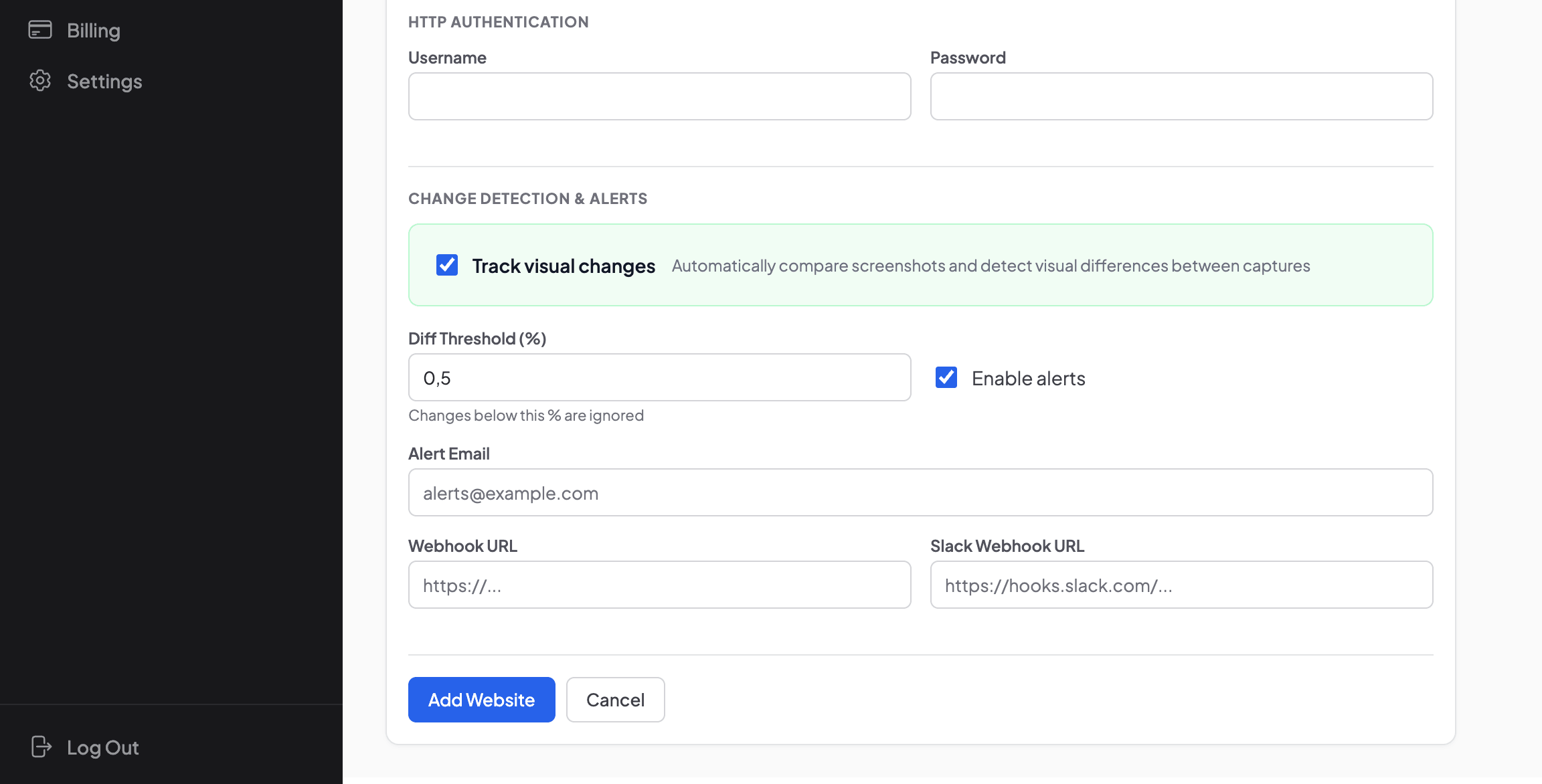 Change Detection & Alerts section, Track visual changes enabled, threshold 0.5%, alert channels