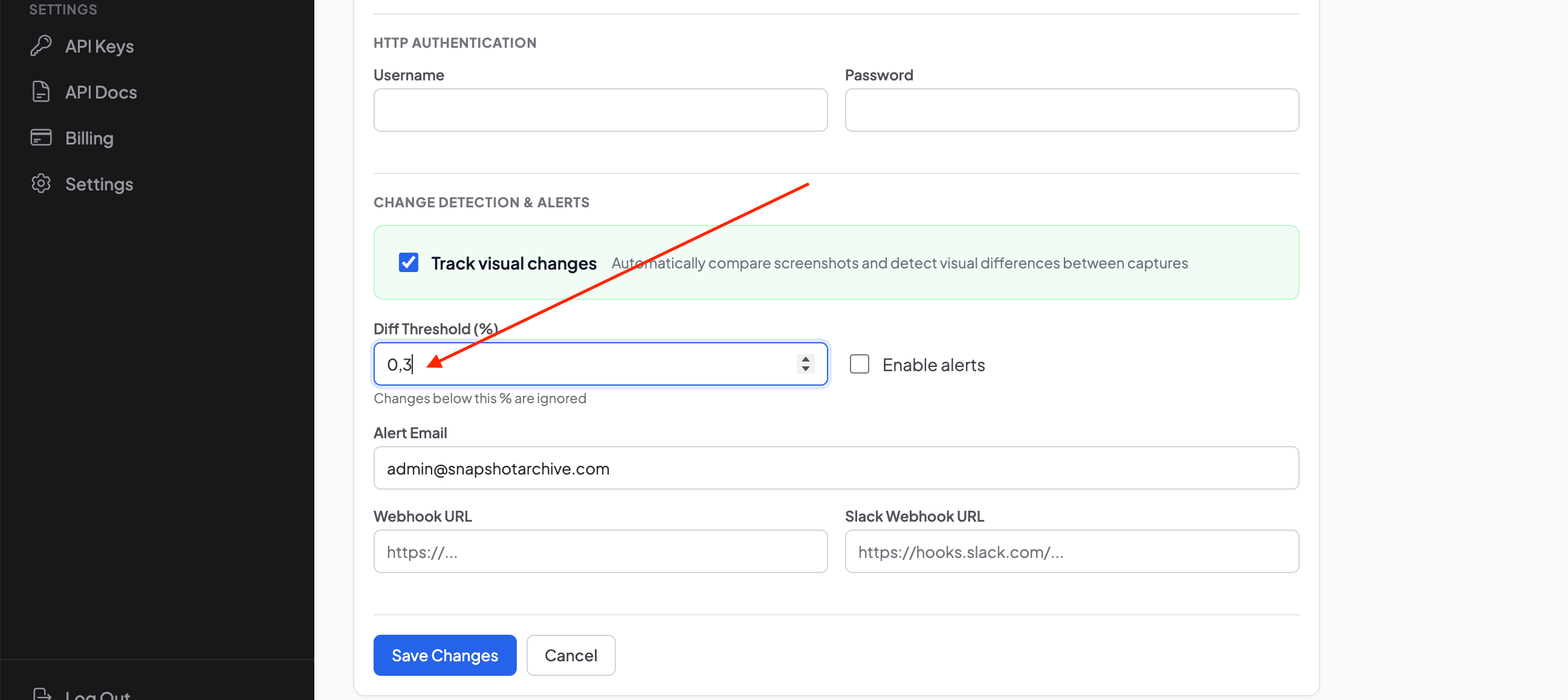 Snapshot Archive settings &mdash; configuring diff threshold to 0.3% for visual change detection