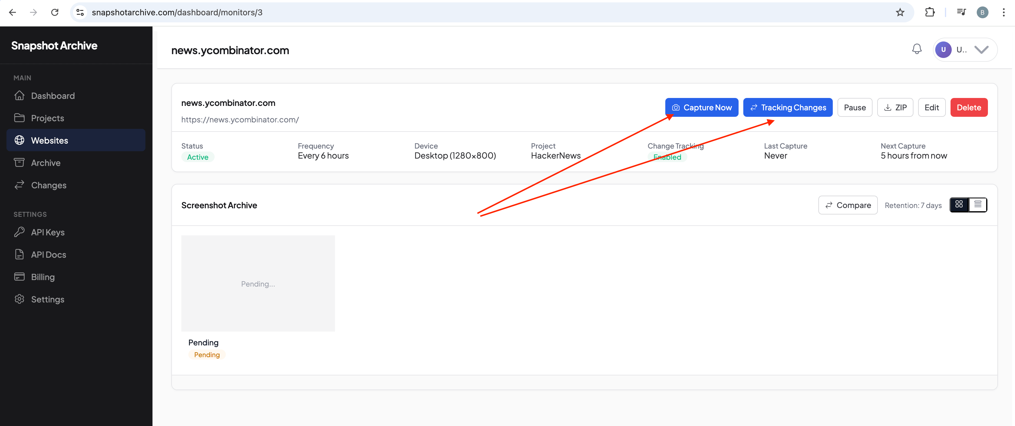 website detail page, first screenshot still Pending