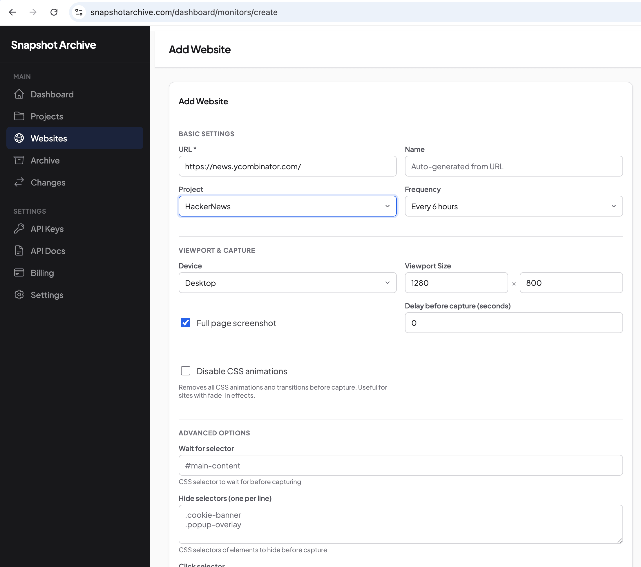  Add Website form filled in with URL, project, frequency, viewport settings