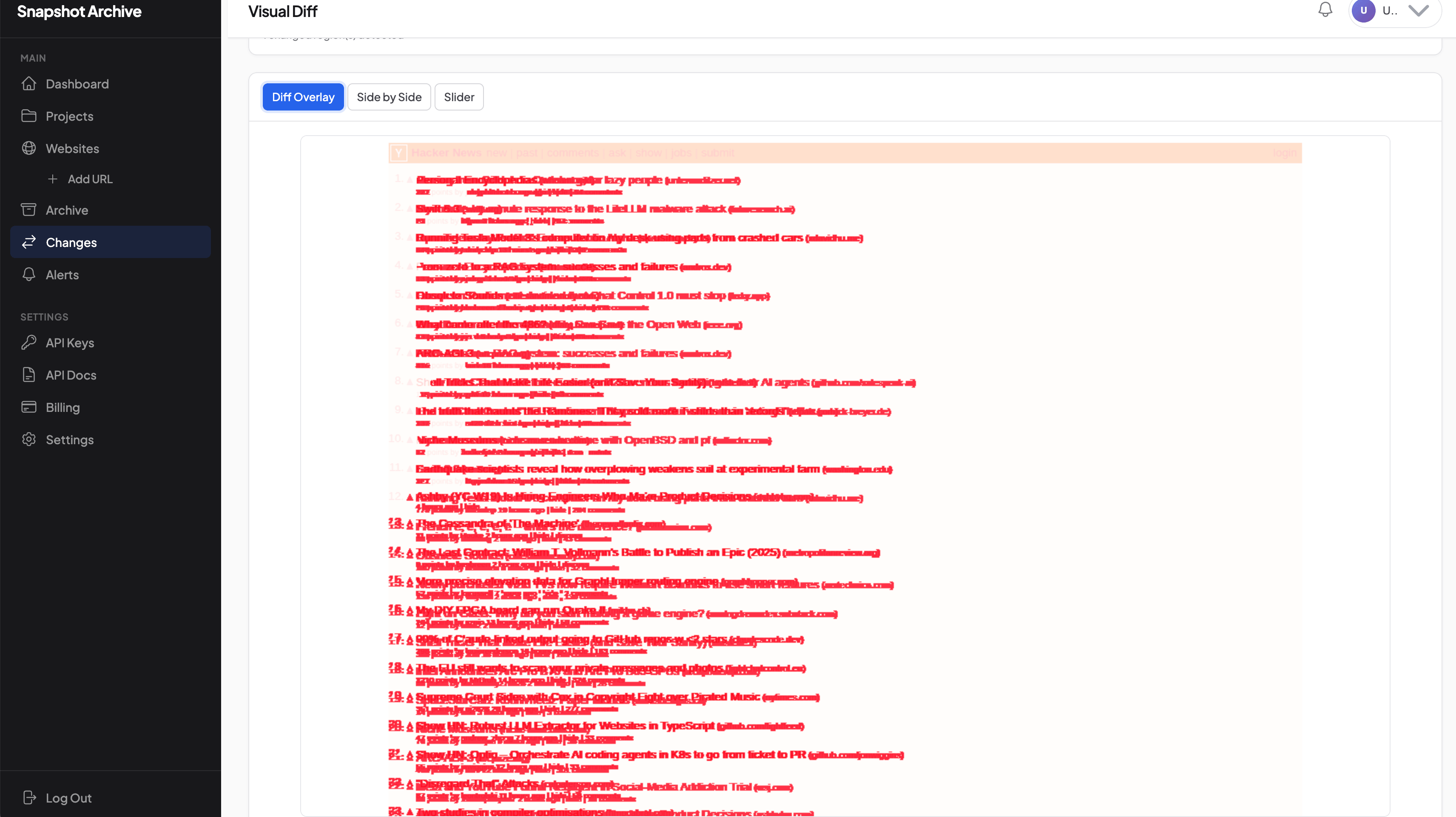 Visual Diff page, Diff Overlay mode, red highlighted areas