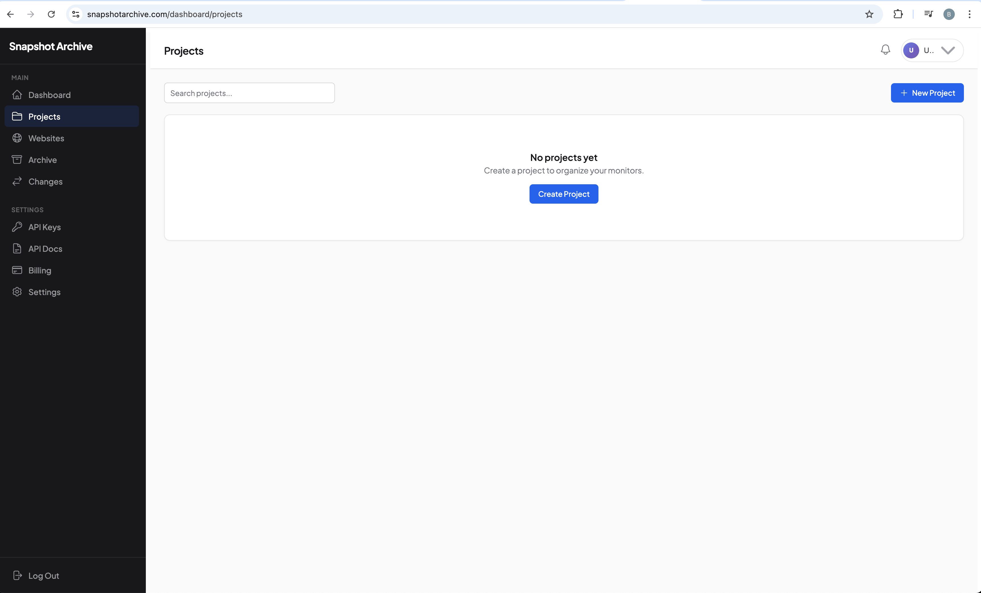 empty project list, Create Project button