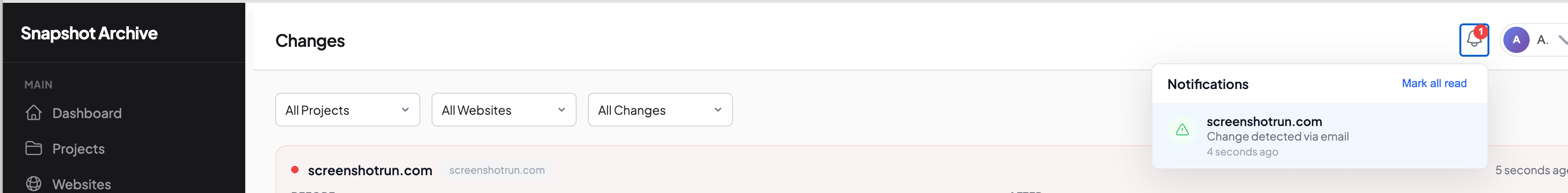 Real-time notification showing a visual change was detected on screenshotrun.com