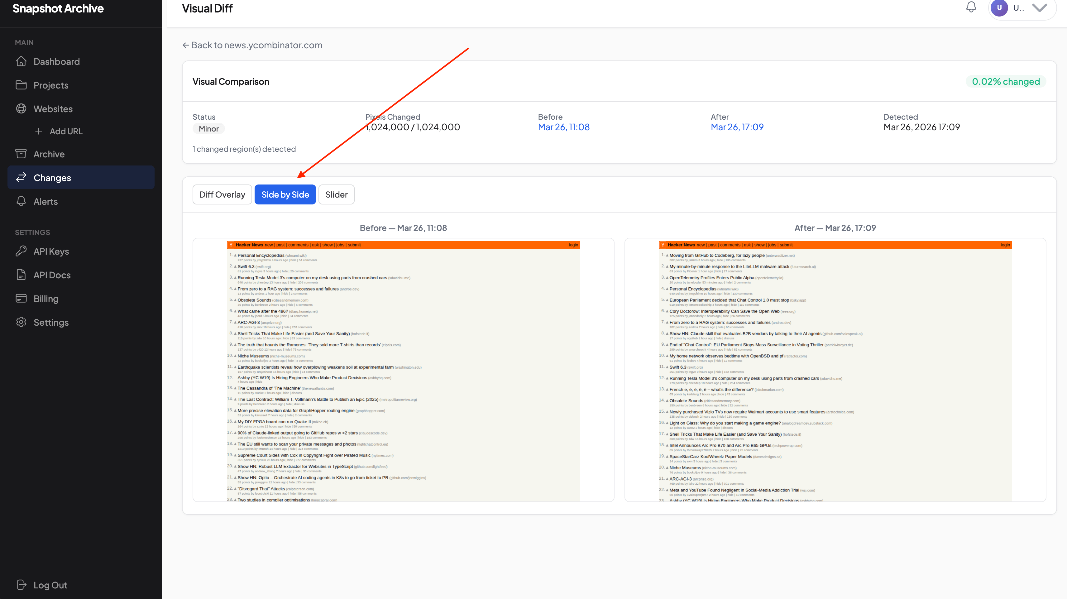 Visual Diff page, Side by Side mode, Before and After screenshots
