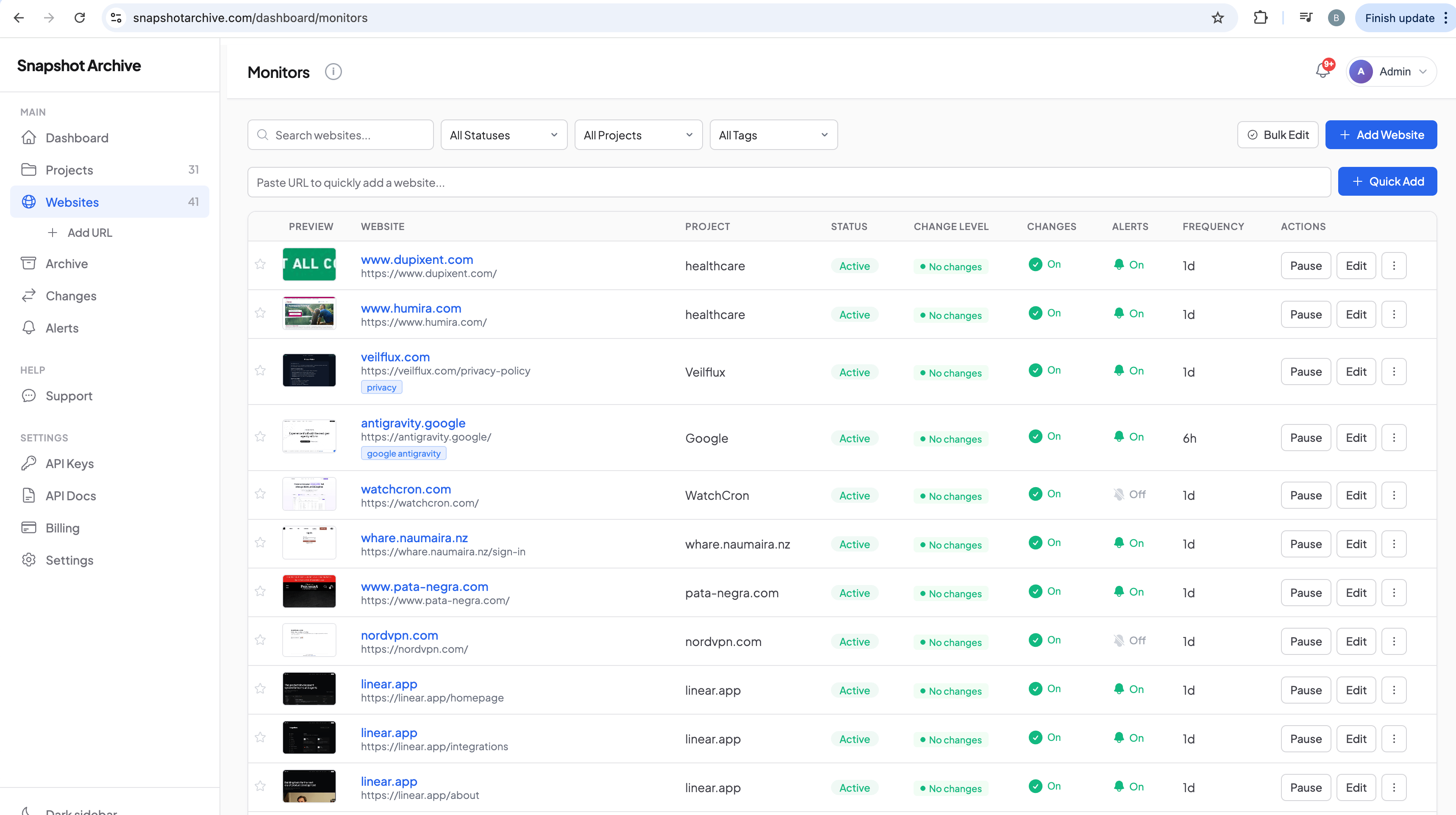 Snapshot Archive dashboard showing a list of monitored websites with scheduled screenshot captures