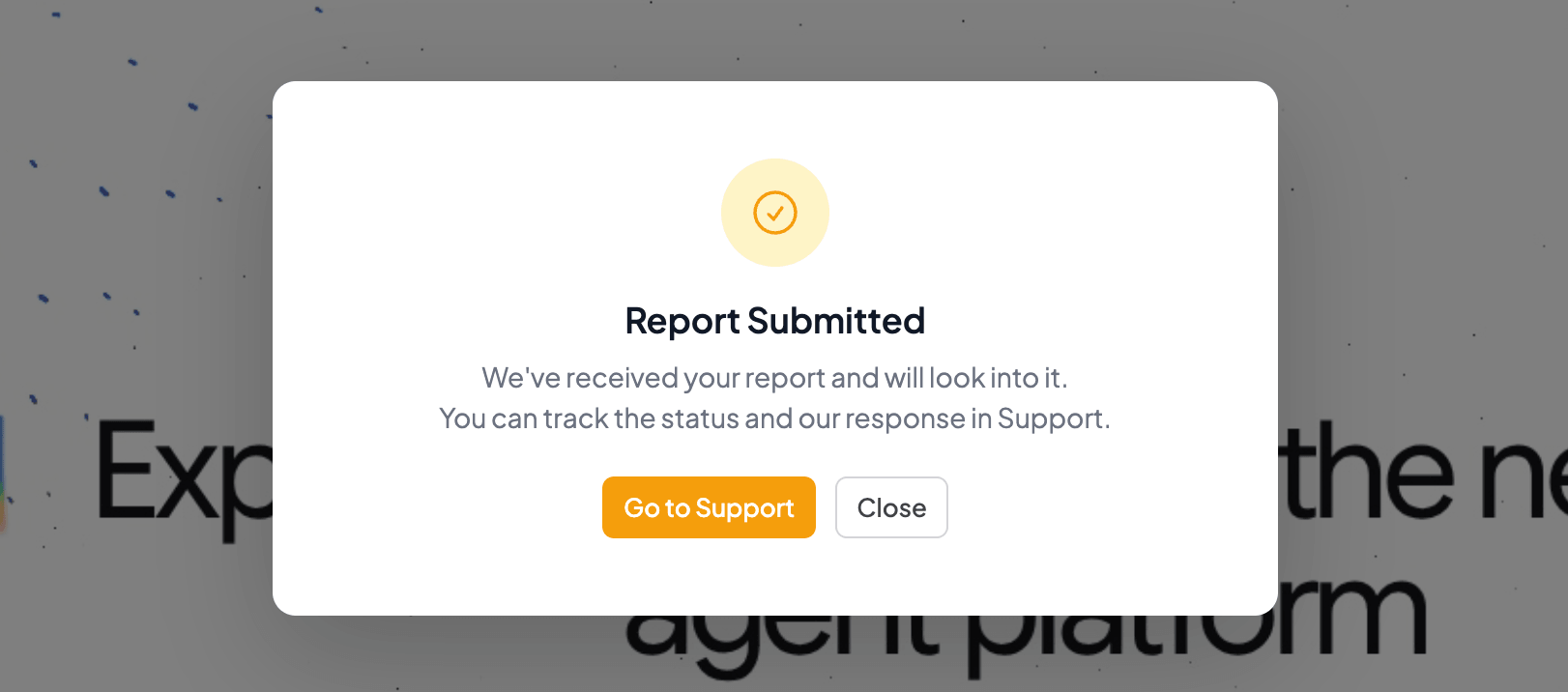 Report Submitted confirmation screen with checkmark and Go to Support link