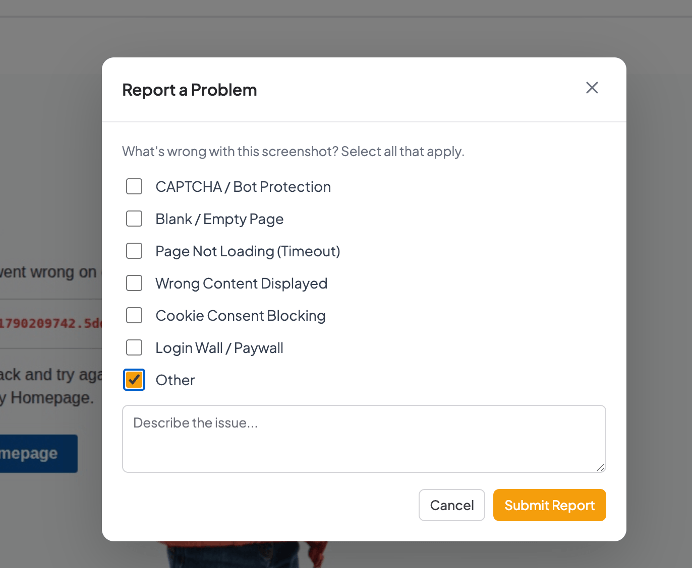 Report a Problem modal in Snapshot Archive showing checkboxes for common screenshot issues