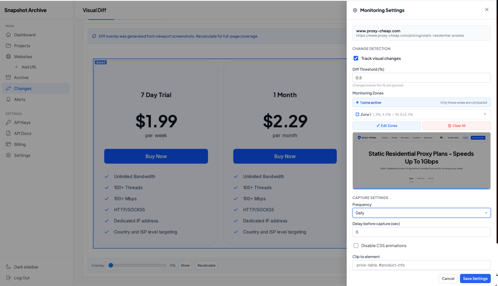 Monitor settings panel with diff threshold field