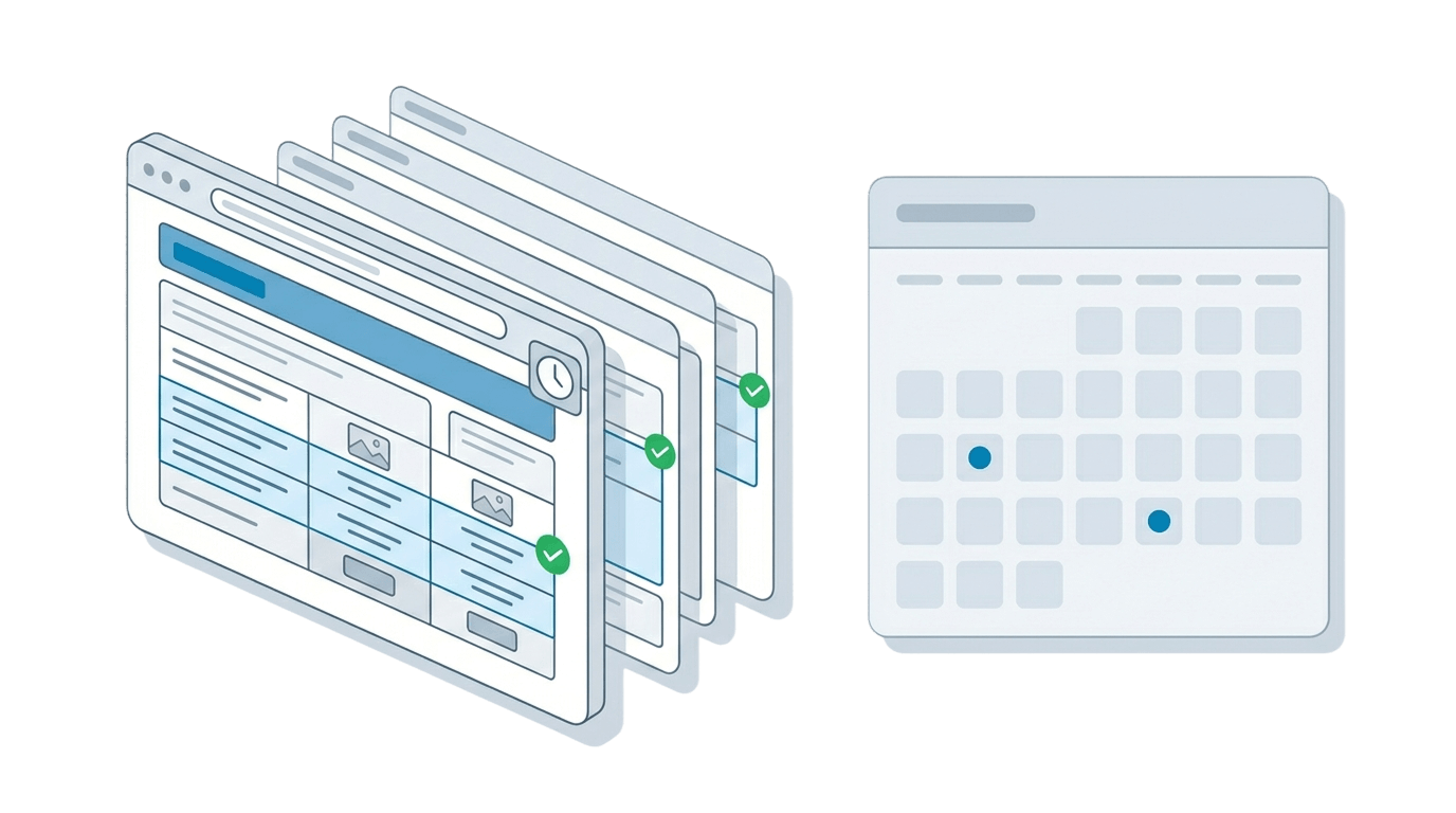  browser window on a schedule with guaranteed captures next to a greyed-out public archive with gaps in the calendar
